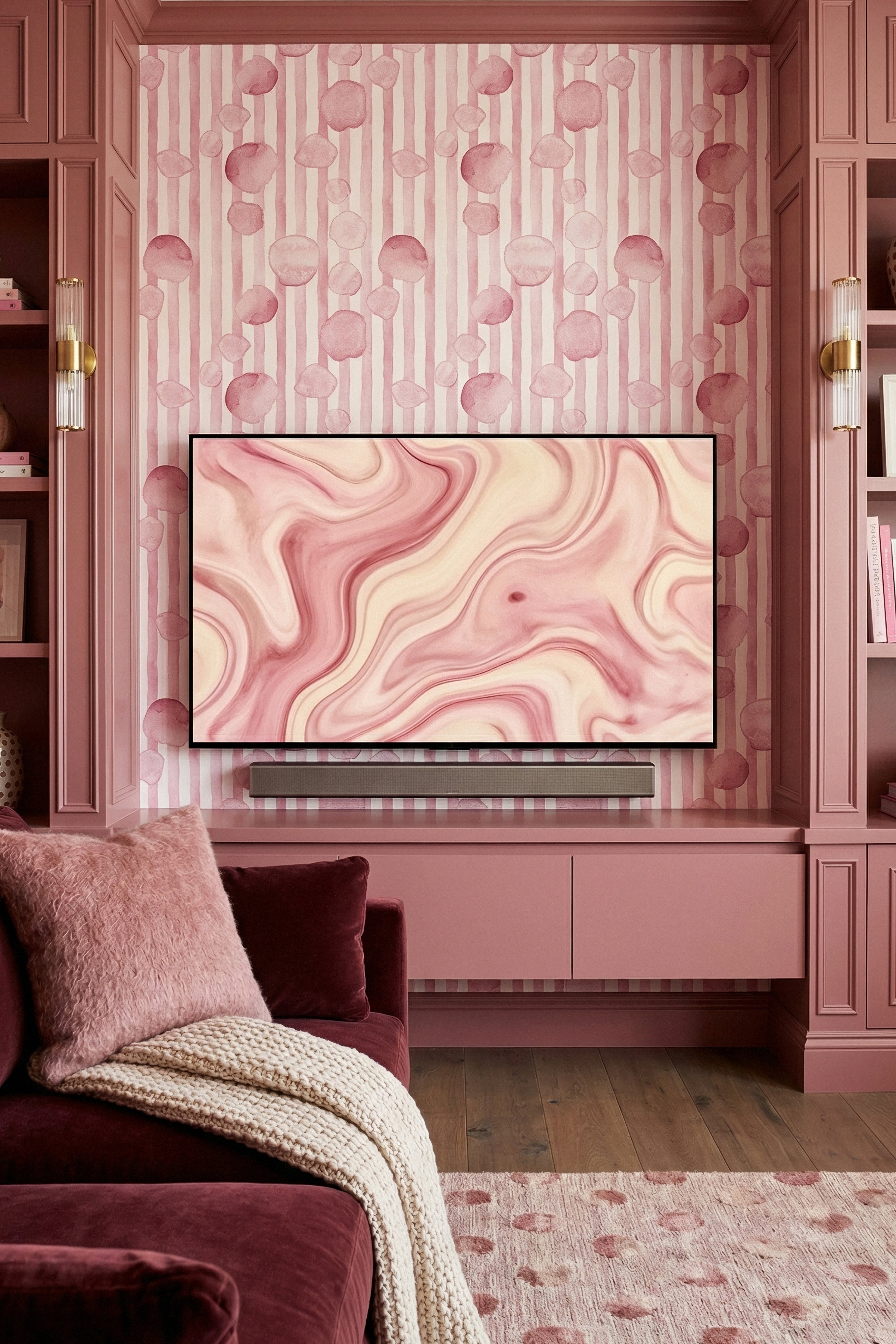 Dotty Stripe wallpaper shown in a media room