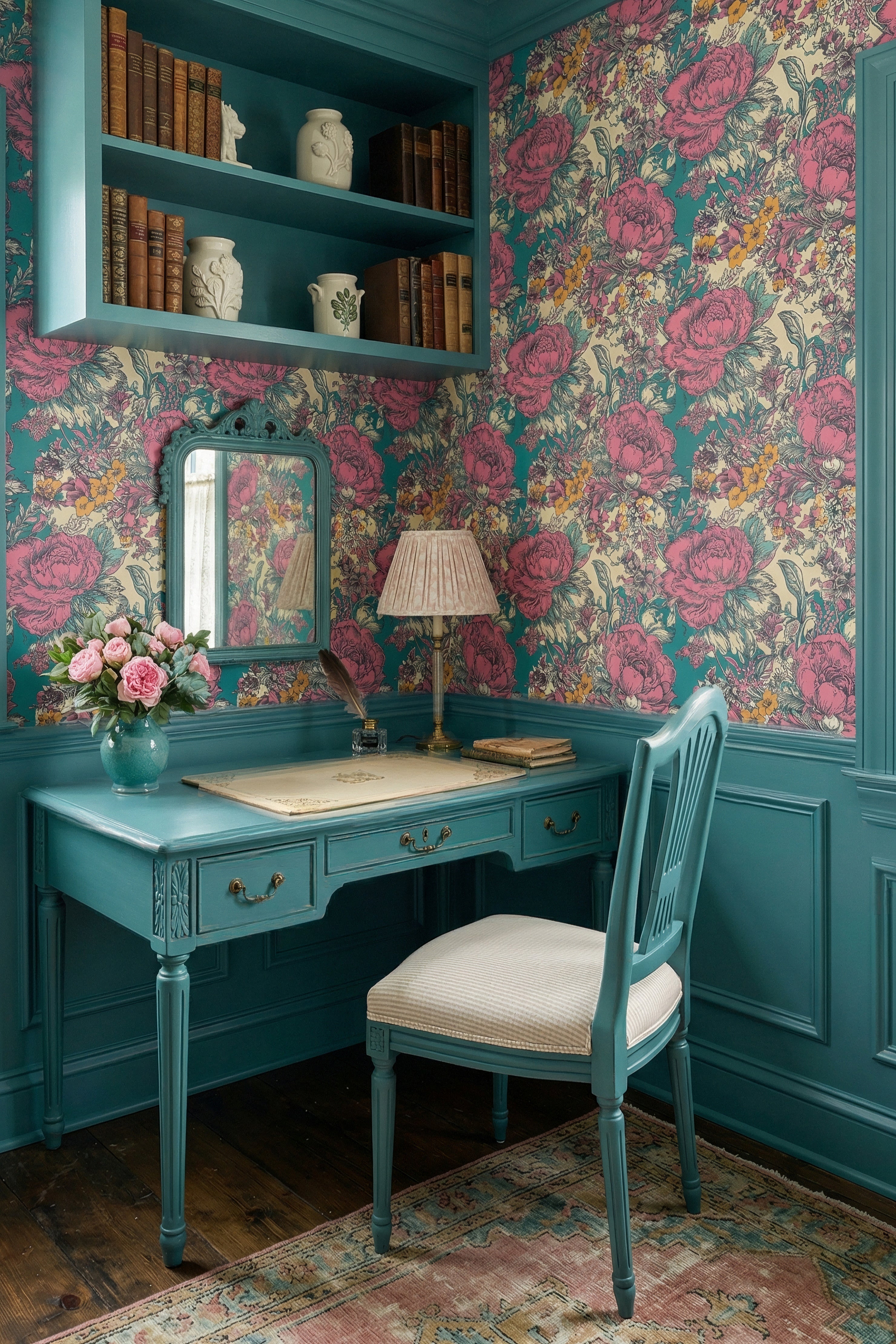 Provence Peony wallpaper shown in a home office