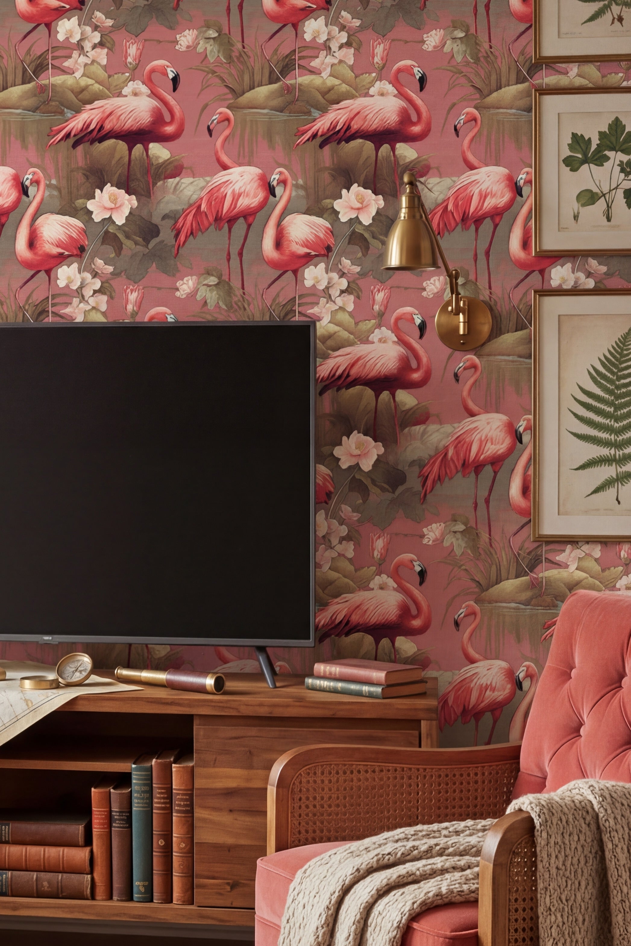 Flamingo Social wallpaper shown in a media room