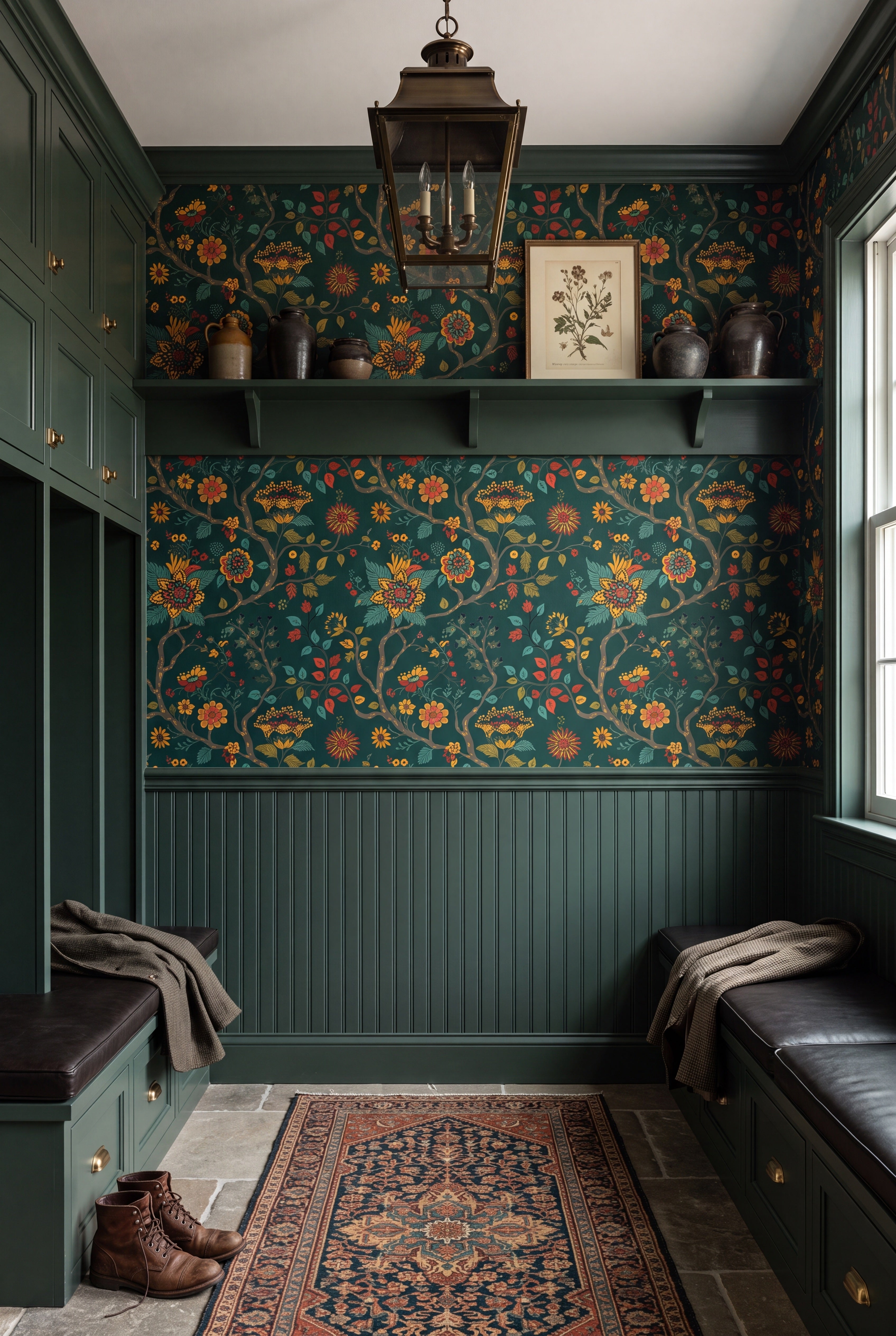 Evergreen Folk wallpaper shown in a mudroom