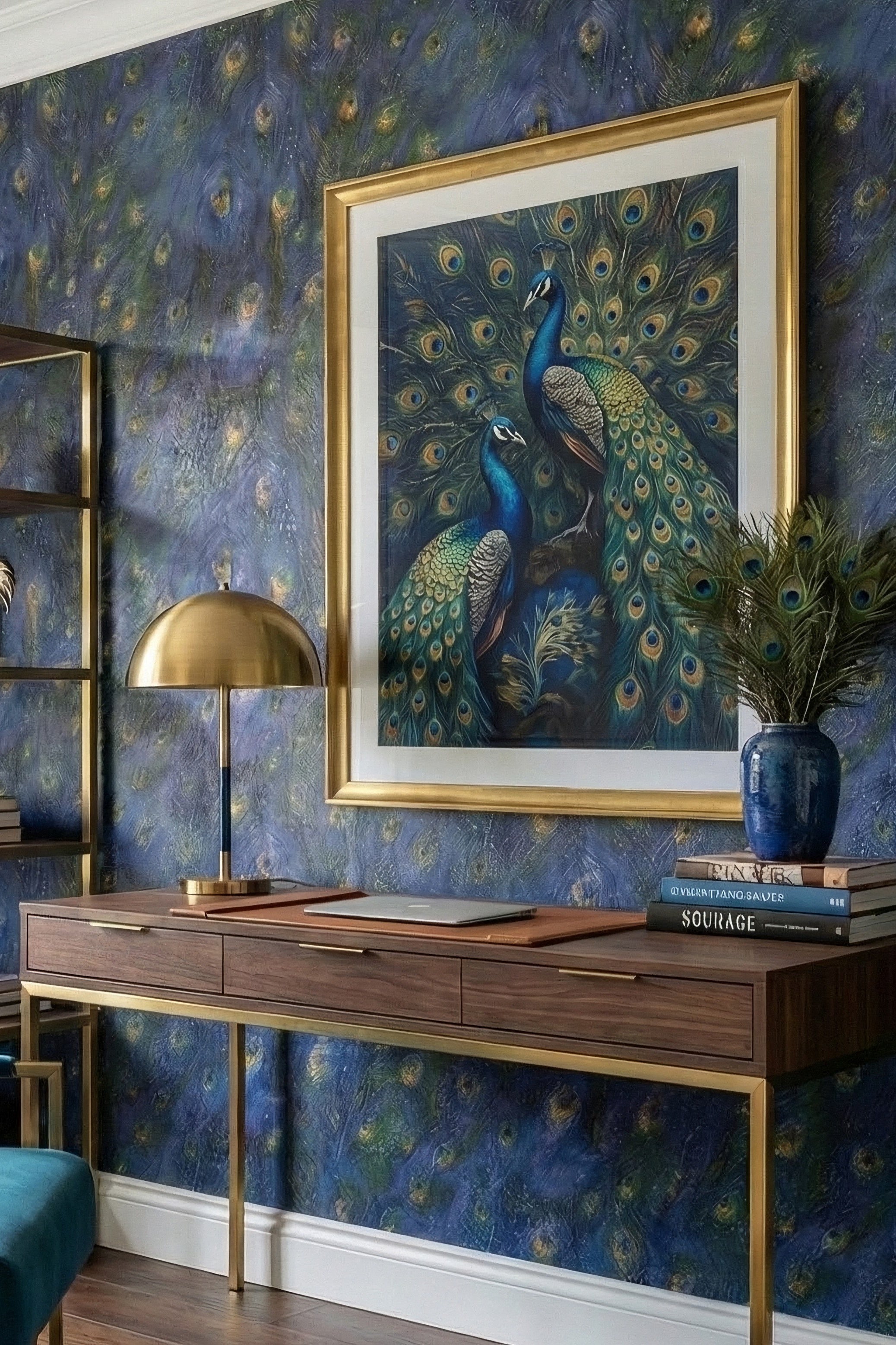 Painted Plume wallpaper shown in a home office