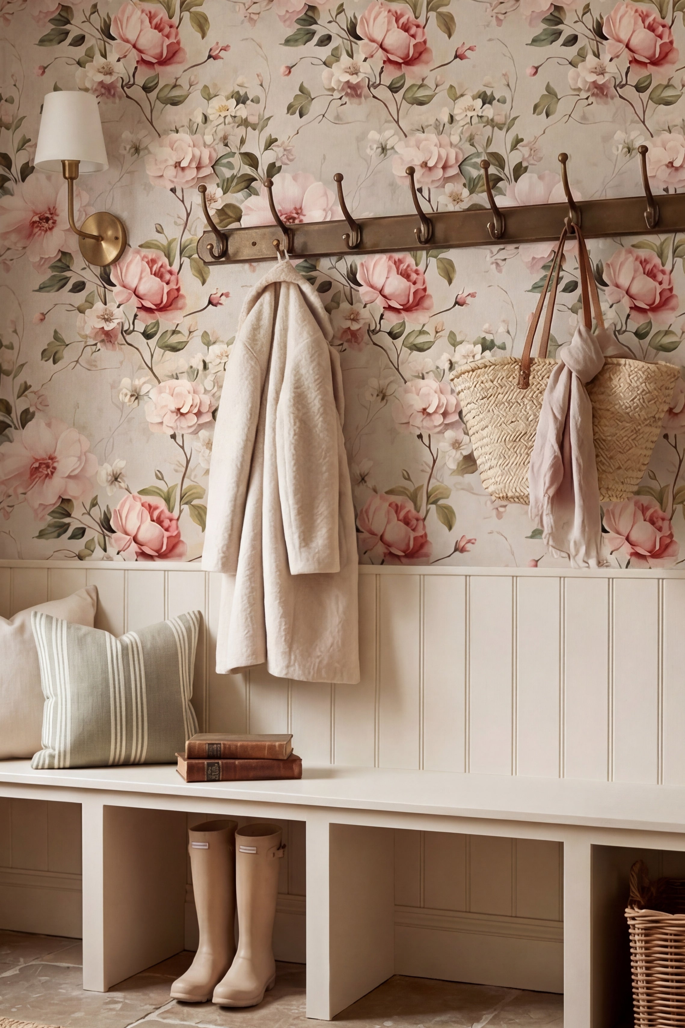 Midnight Garden wallpaper shown in a mudroom