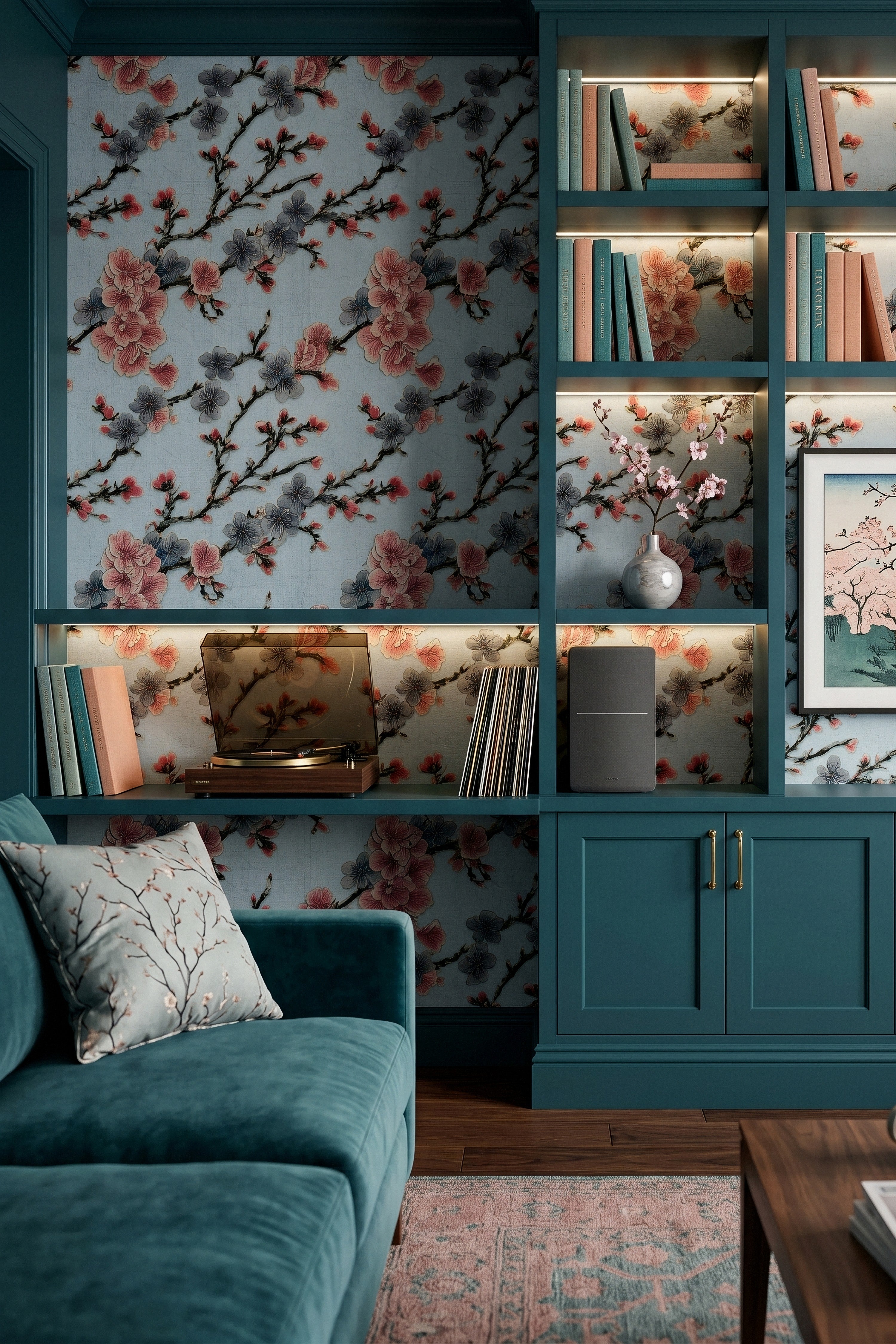 Indigo Blossom wallpaper shown in a media room