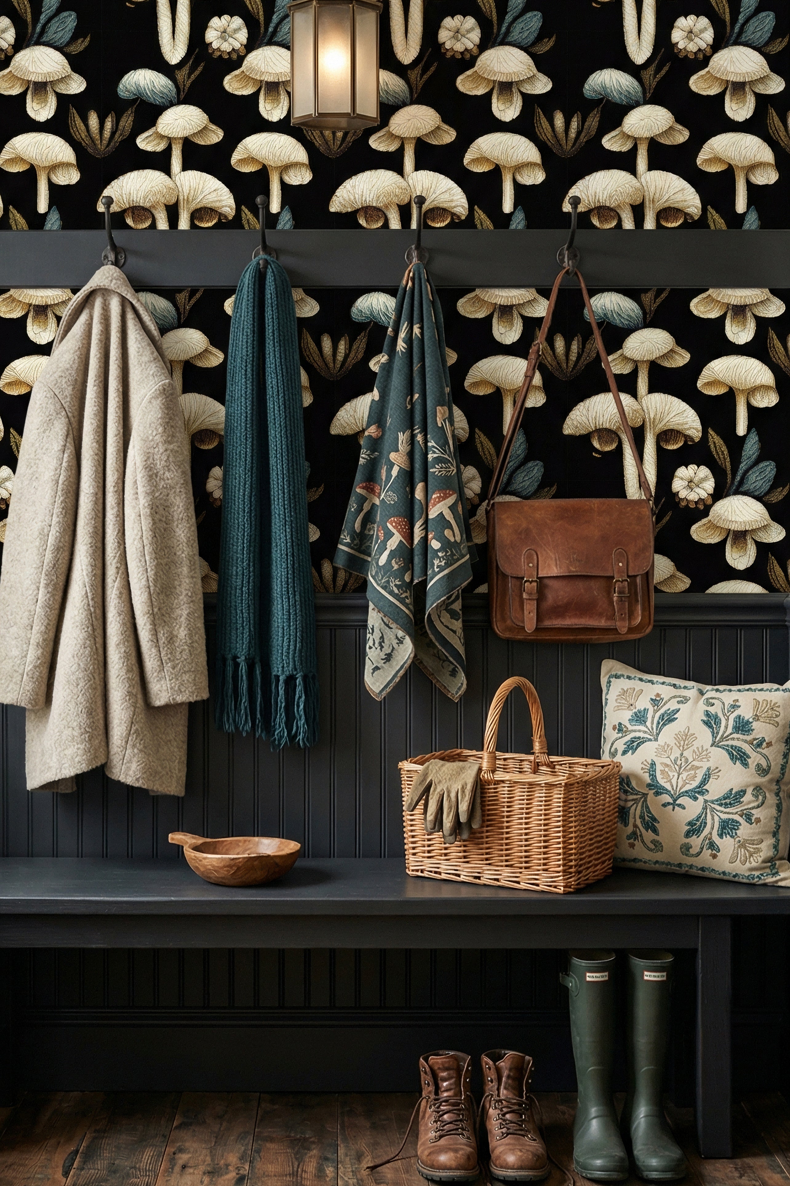 Velvet Cap wallpaper shown in a mudroom