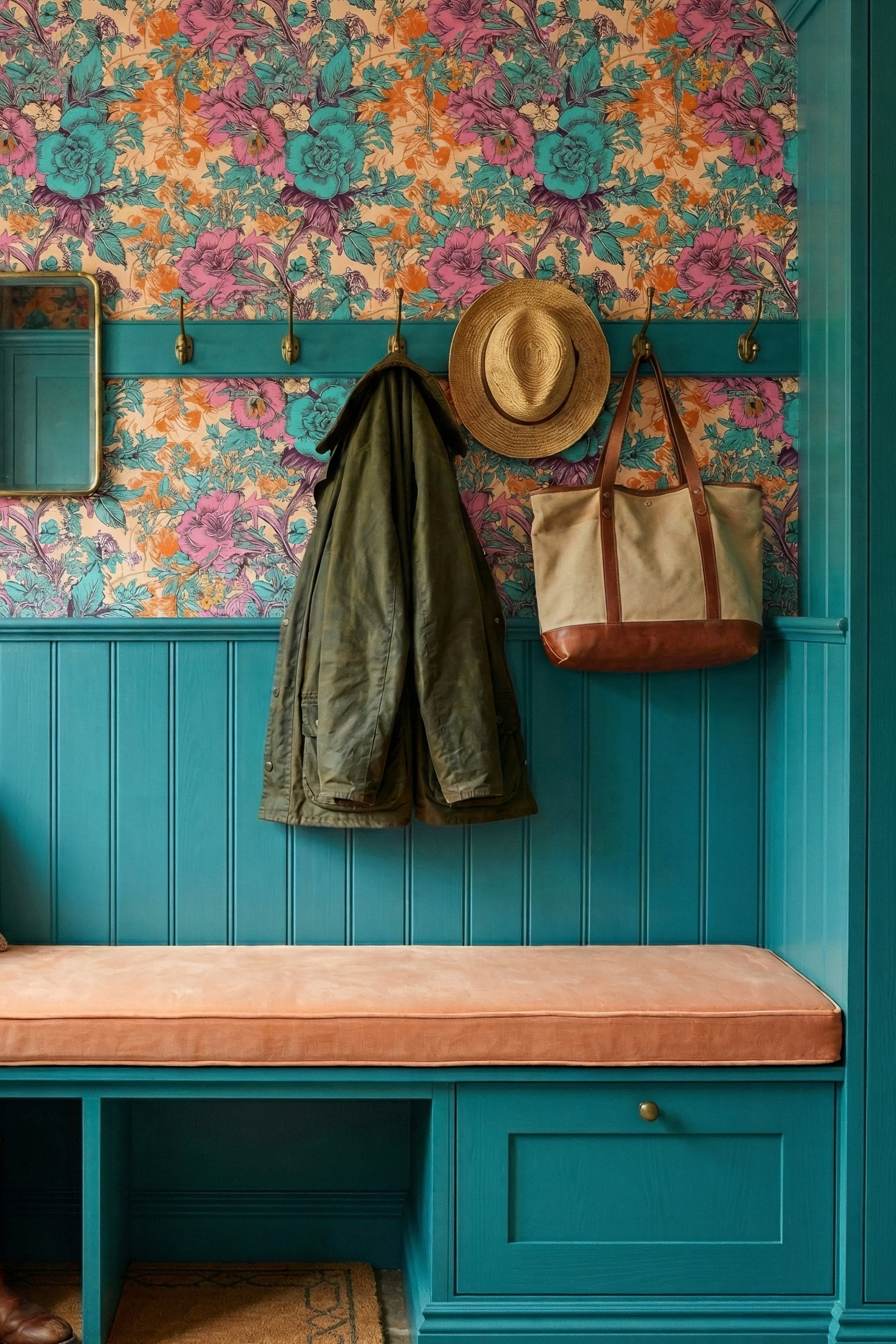 Toile Remix wallpaper shown in a mudroom