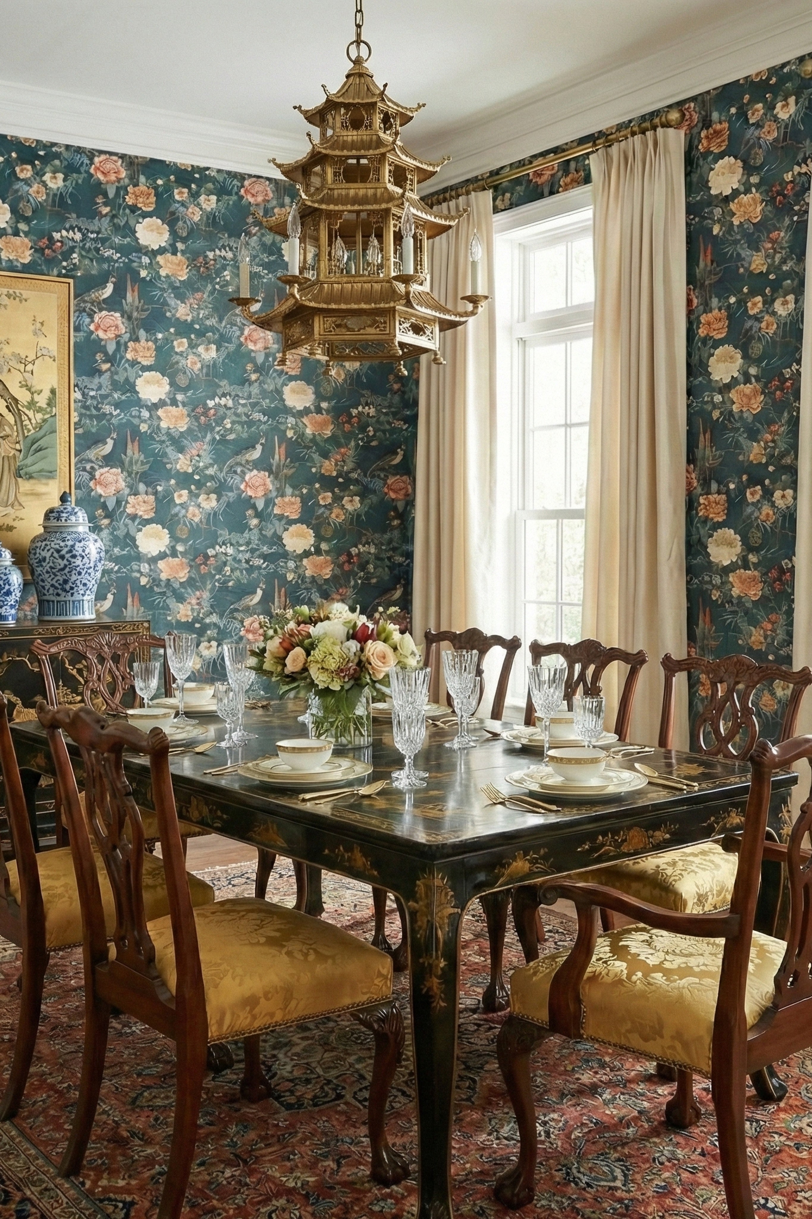 Teal Aviary wallpaper shown in a dining room
