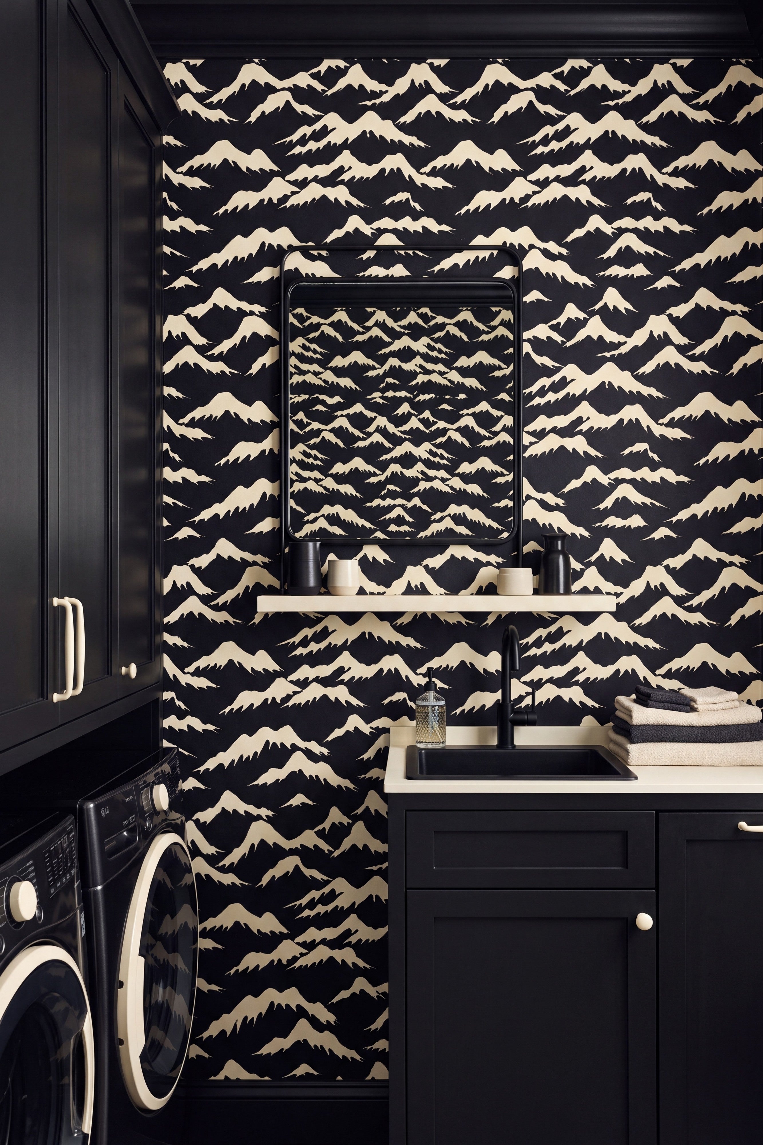 Ink Mountain wallpaper shown in a laundry room