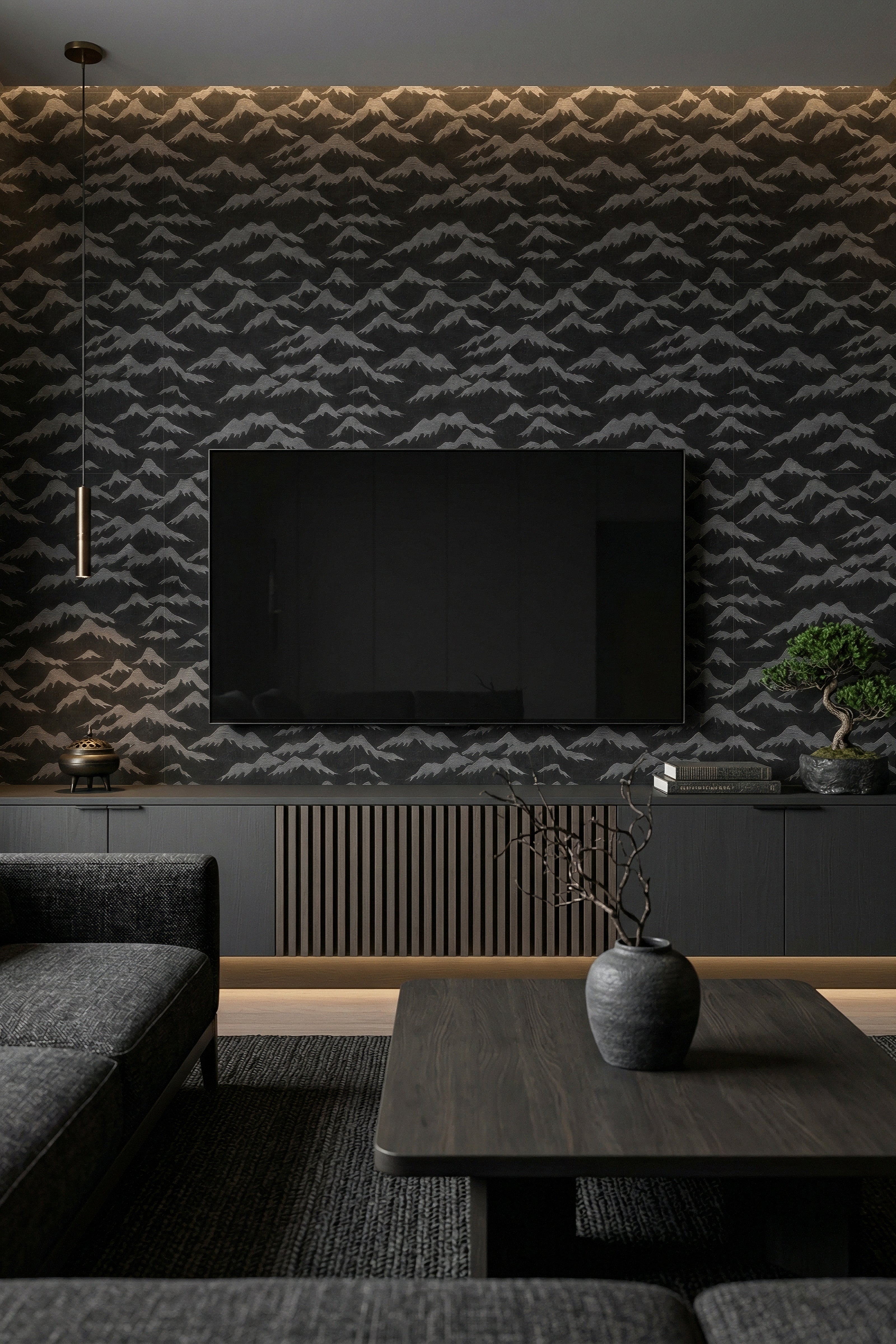 Misty Summit wallpaper shown in a media room