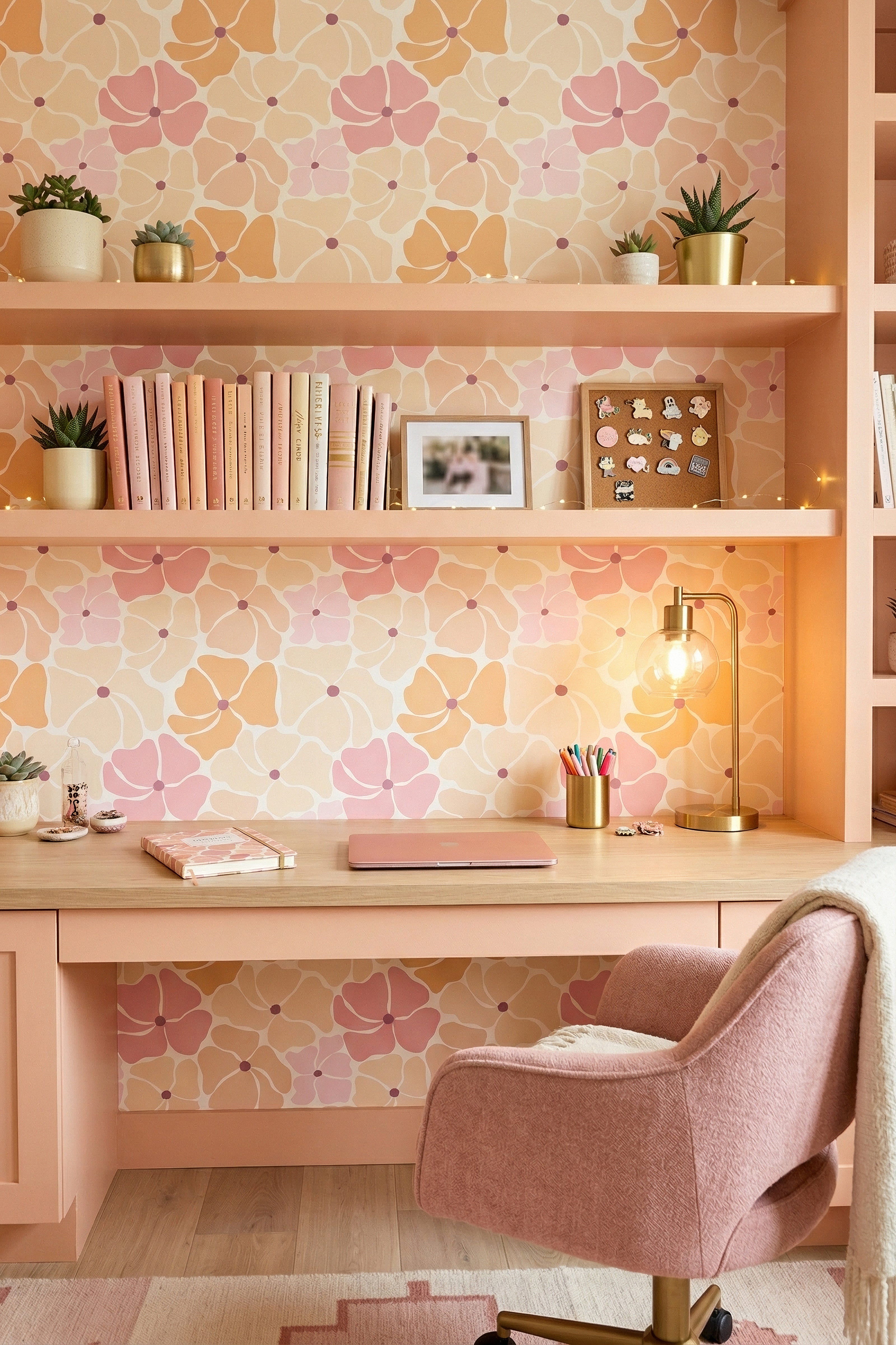 Flower Pop wallpaper shown in a home office
