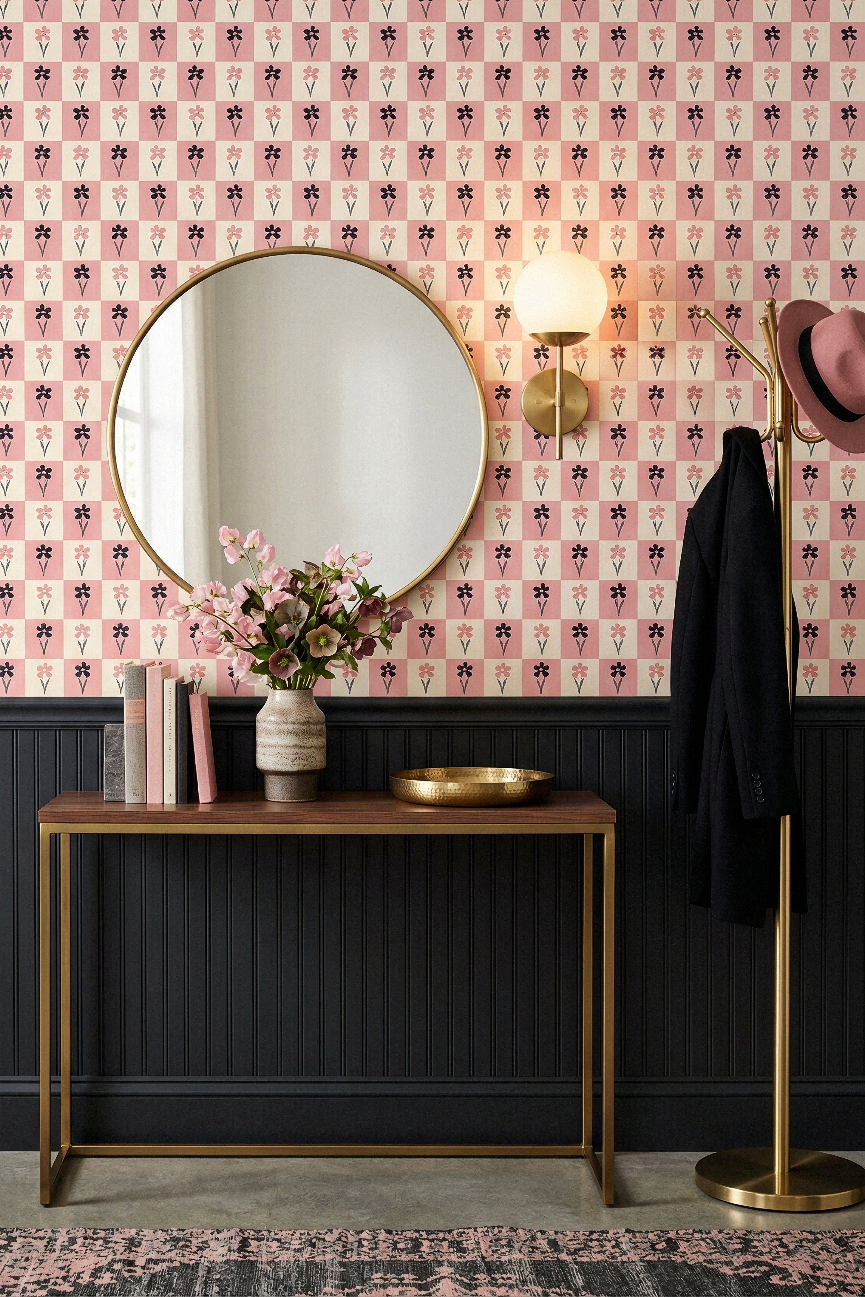 Checkerbloom wallpaper shown in an entryway