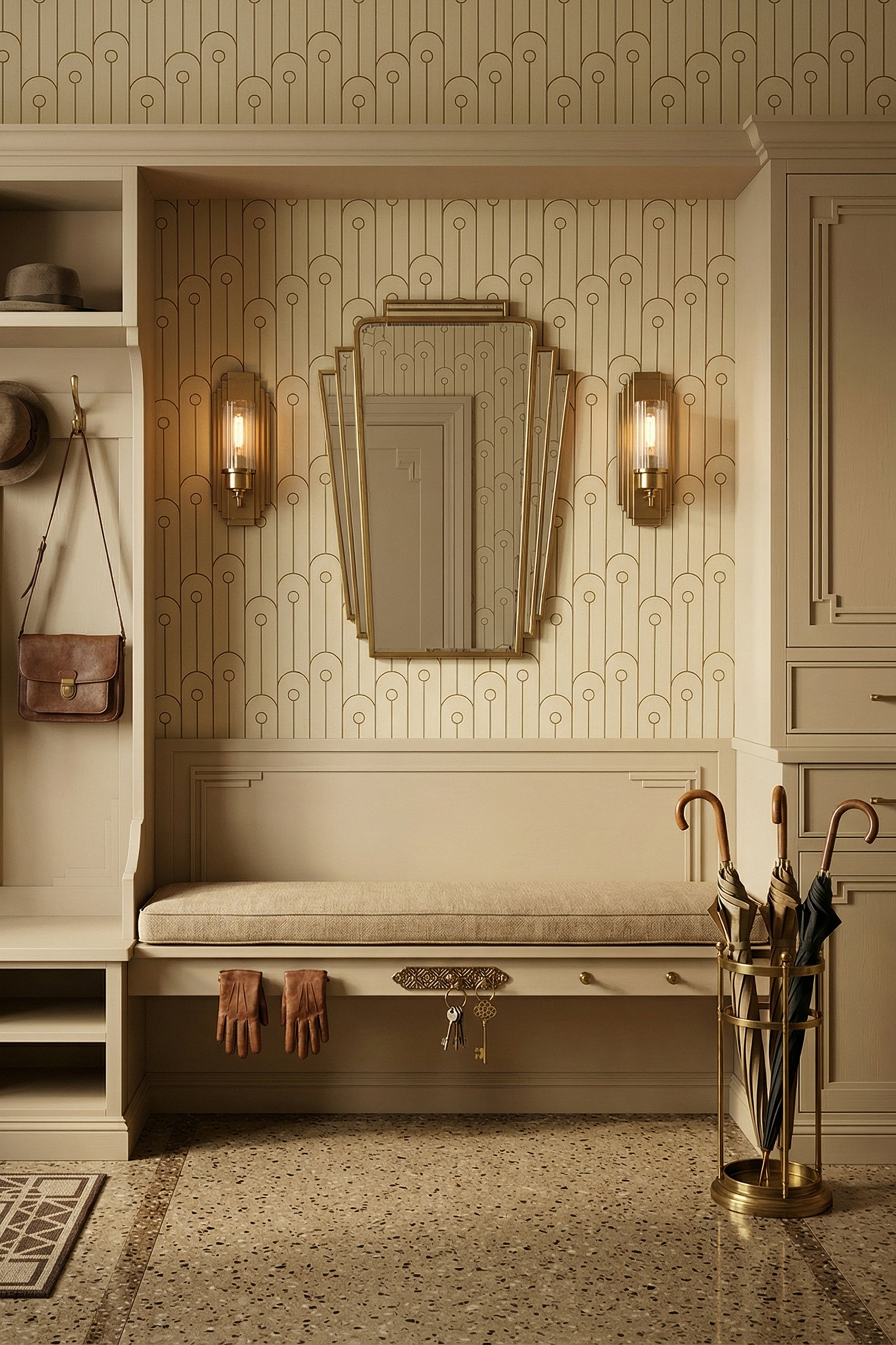 Grand Arcade wallpaper shown in a mudroom