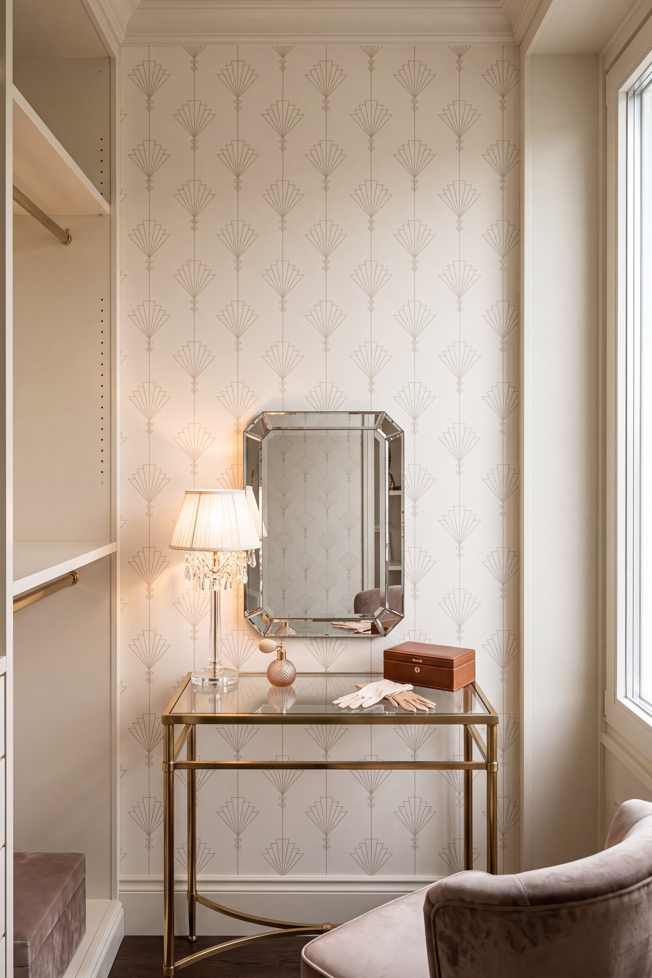 Starlite wallpaper shown in a walk-in closet