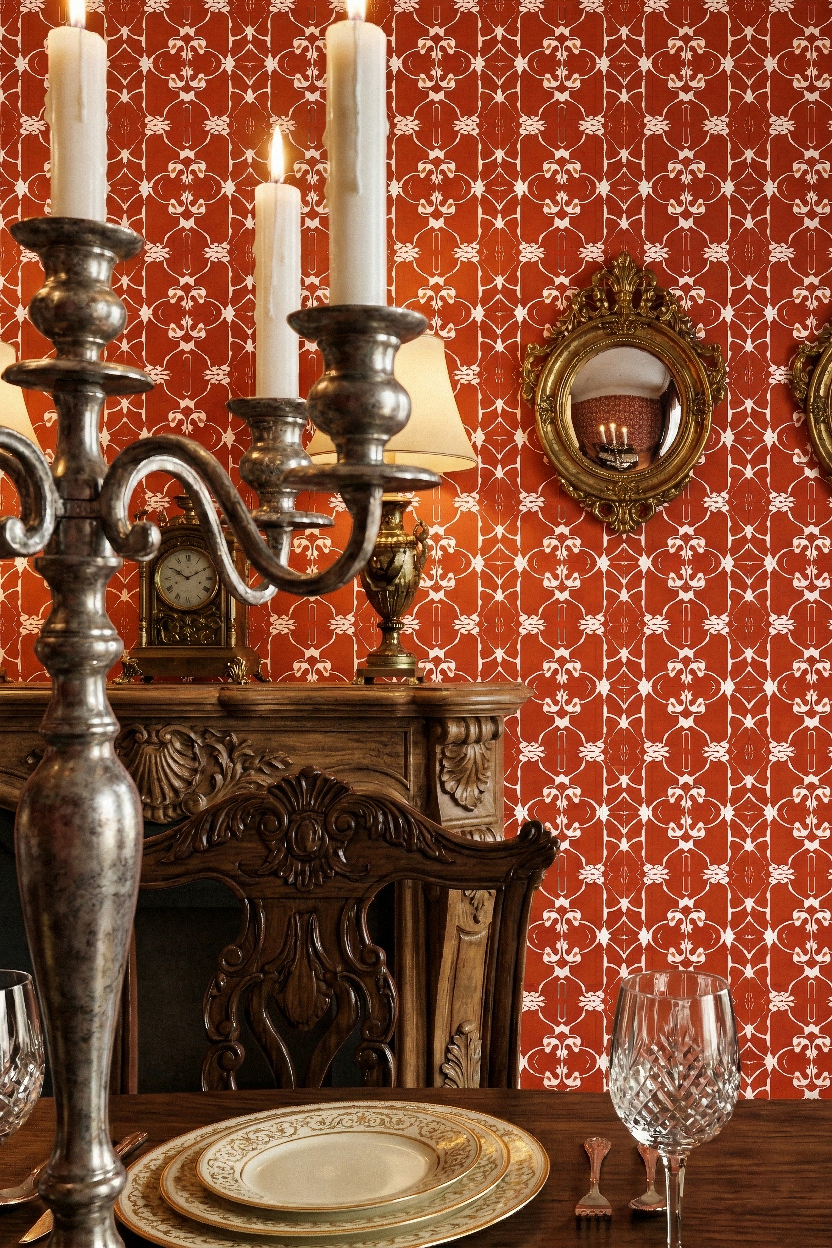 Tuscan Scroll wallpaper shown in a dining room