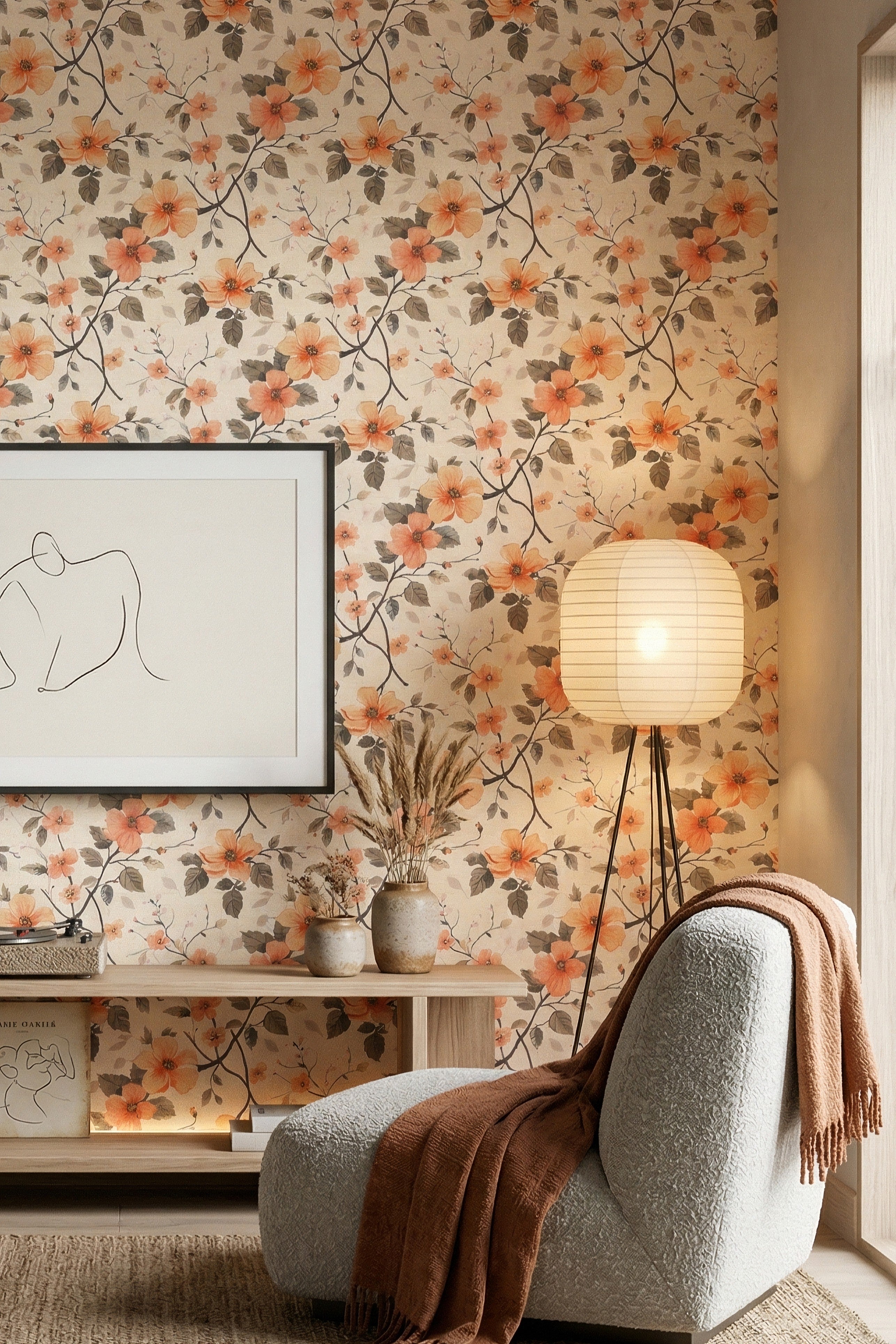 Quiet Blossom wallpaper shown in a media room