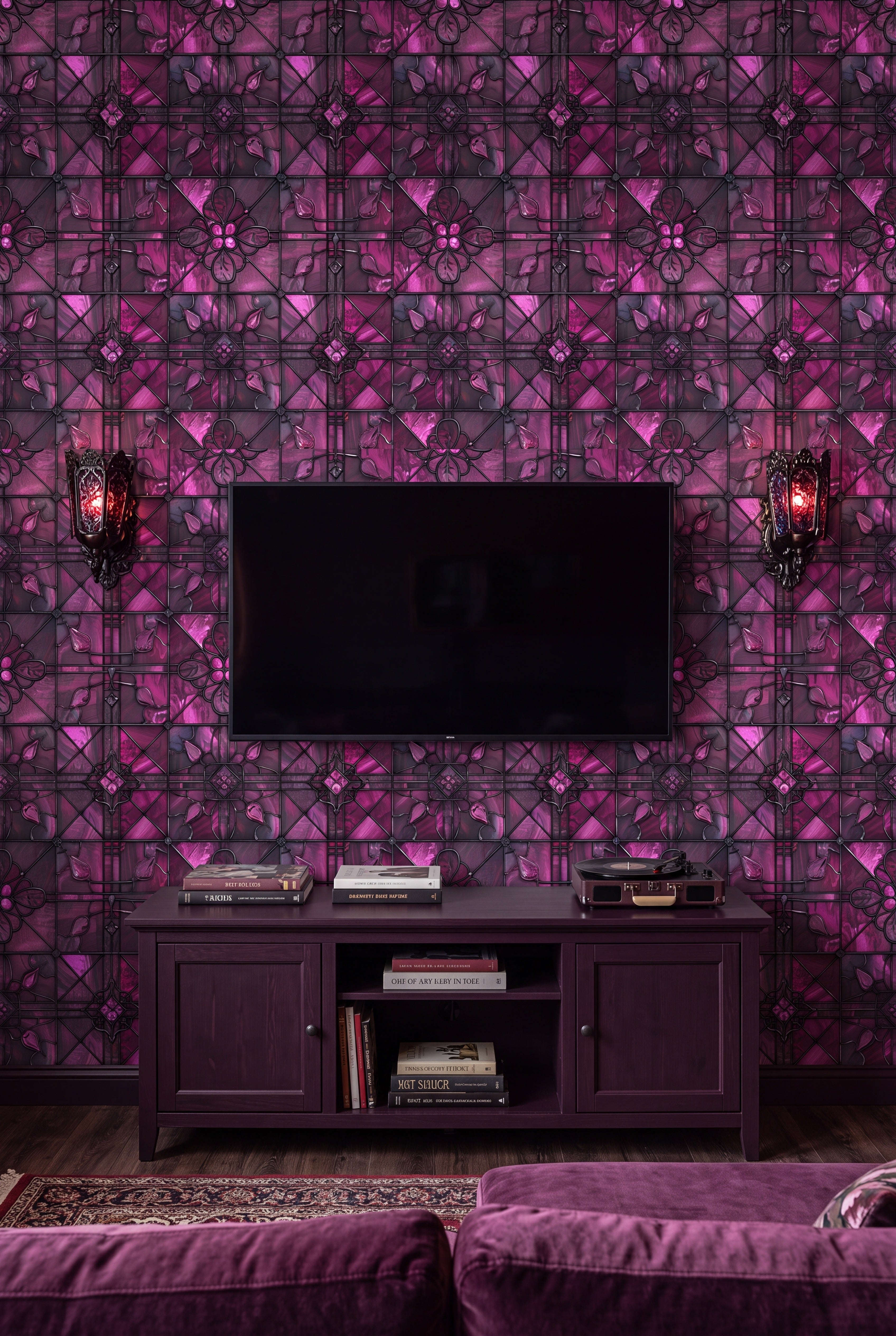 Fuchsia Glass wallpaper shown in a media room