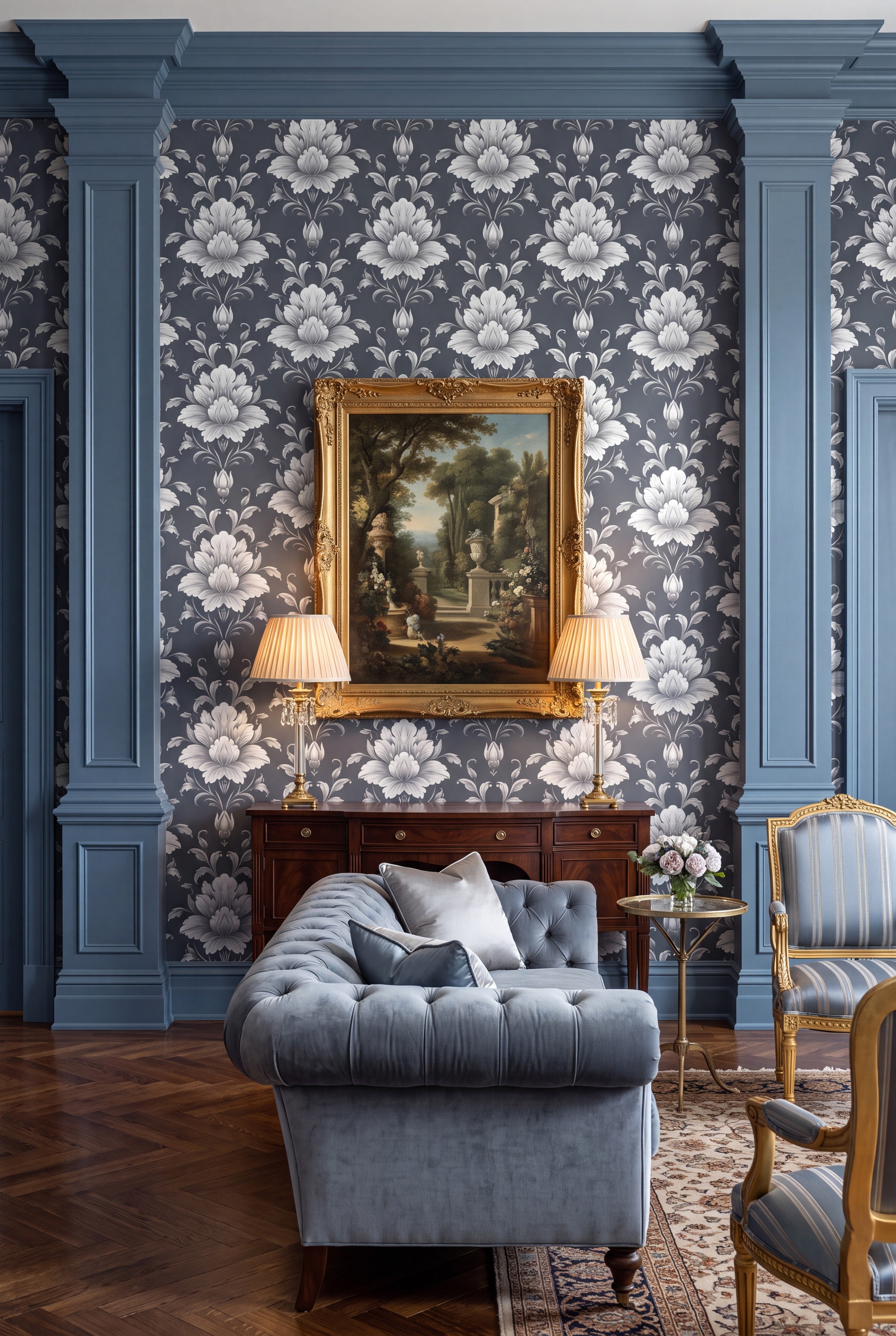 Sterling Damask wallpaper shown in a living room