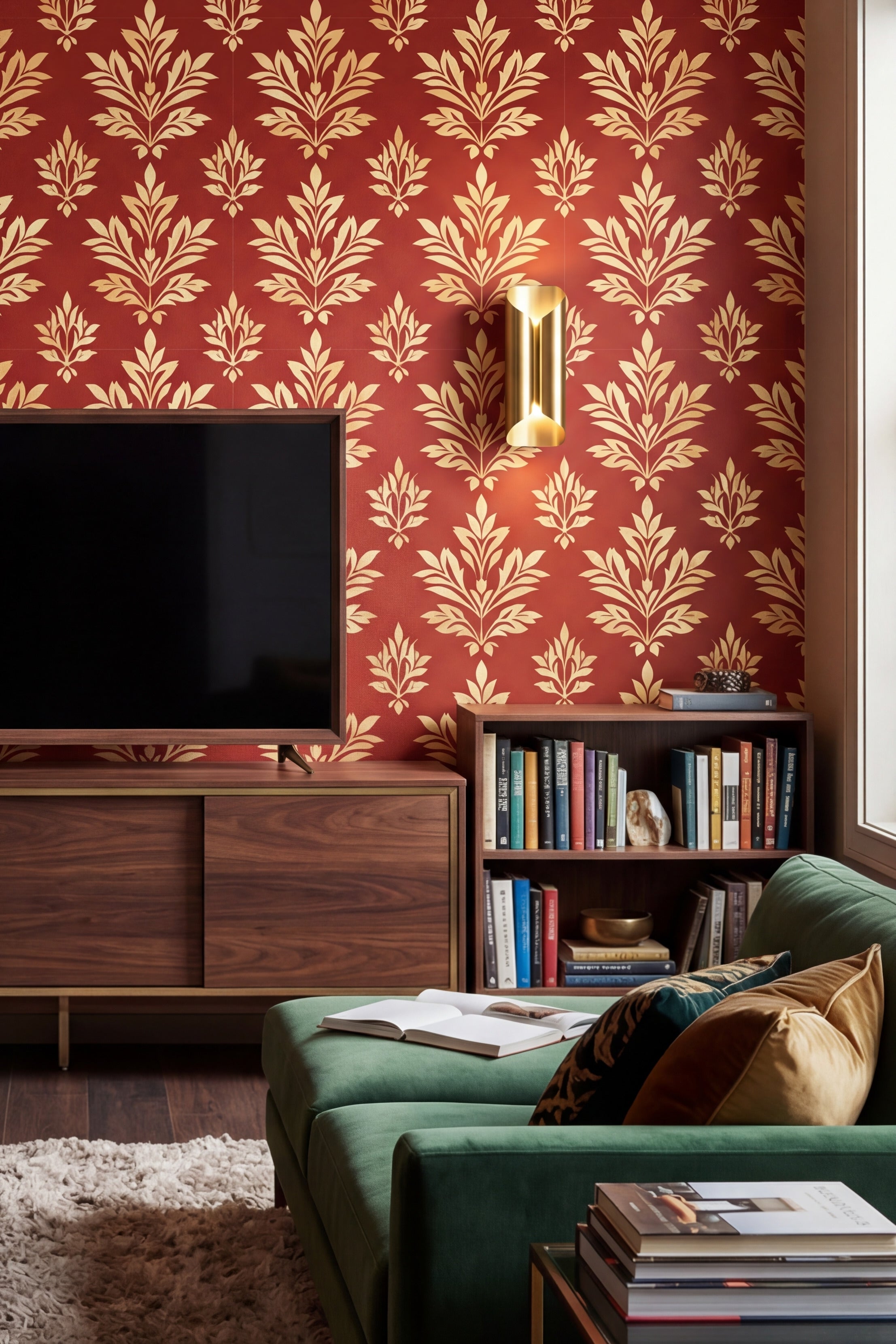 Terra Damask wallpaper shown in a media room