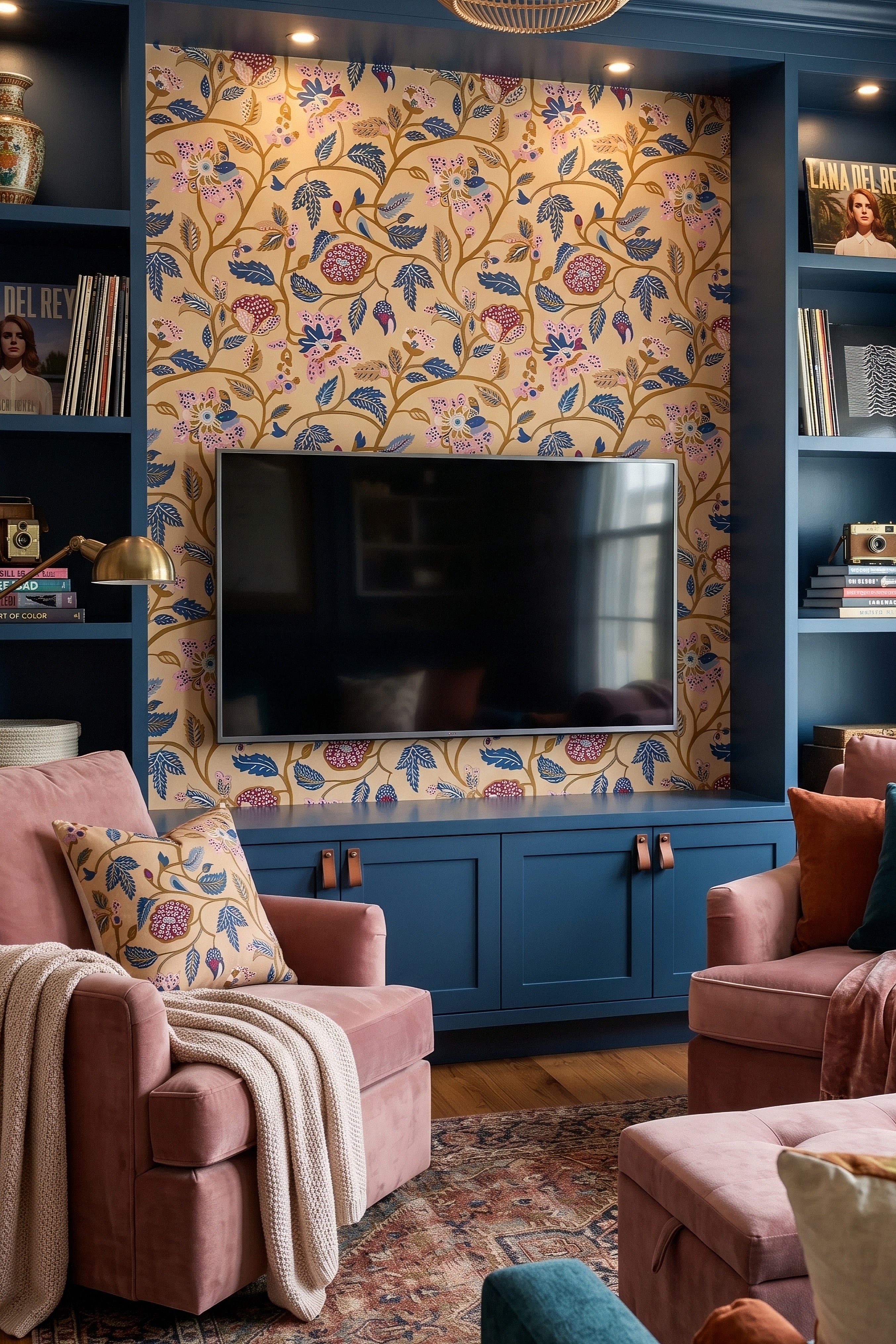 Cottage Folk wallpaper shown in a media room