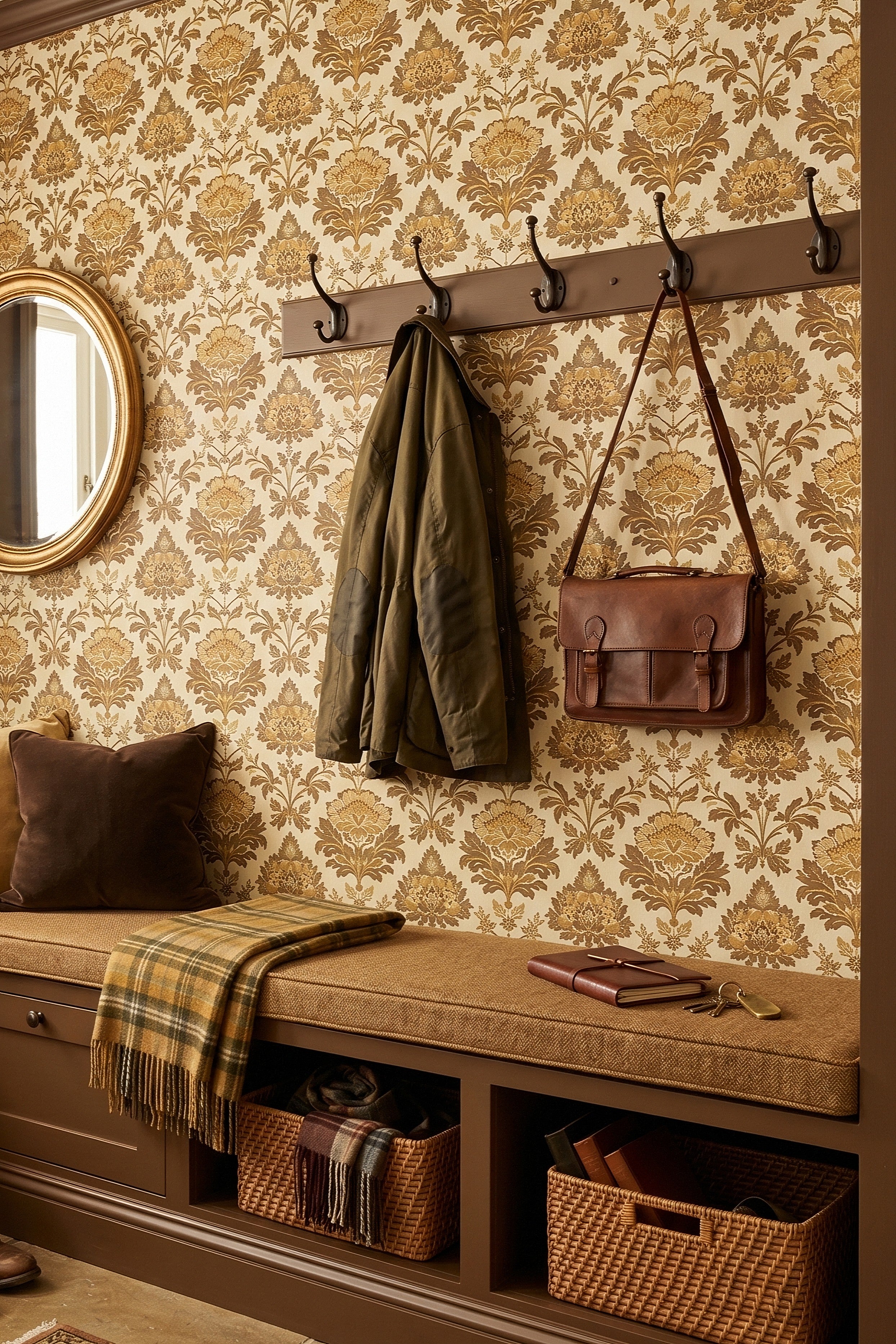 Gilded Damask wallpaper shown in a mudroom