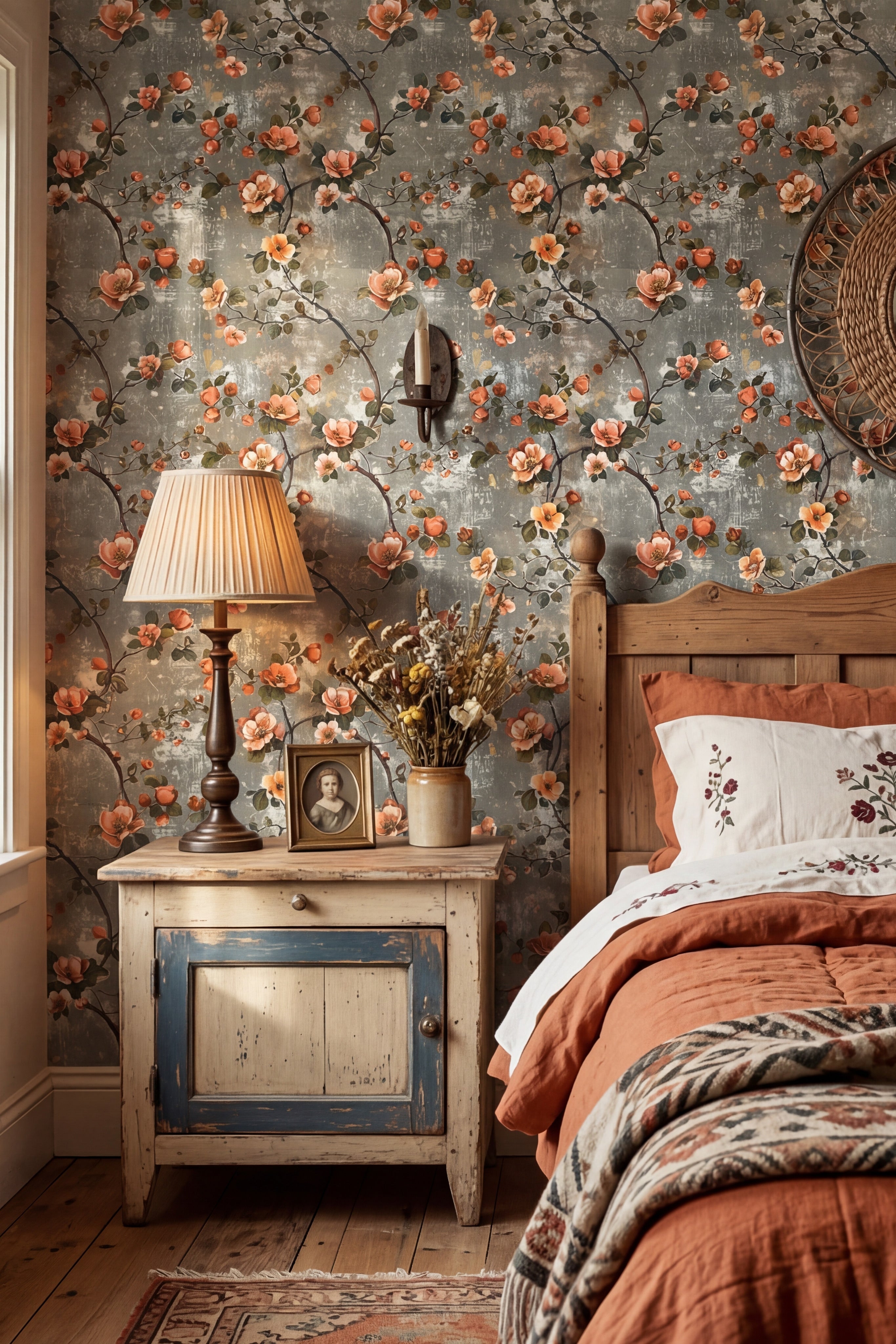 Coral & Ash wallpaper shown in a bedroom