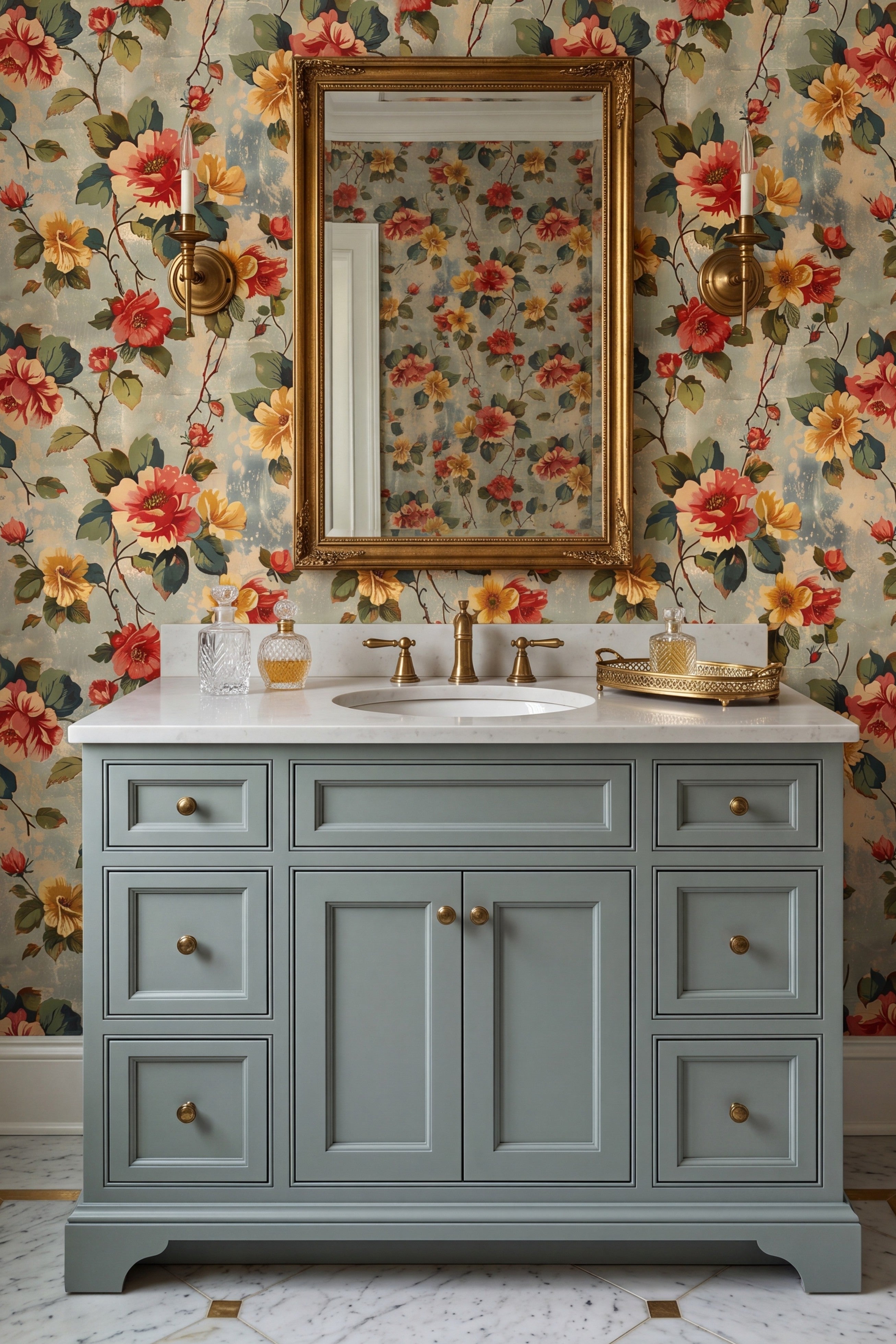 Retro Posy wallpaper shown in a powder room