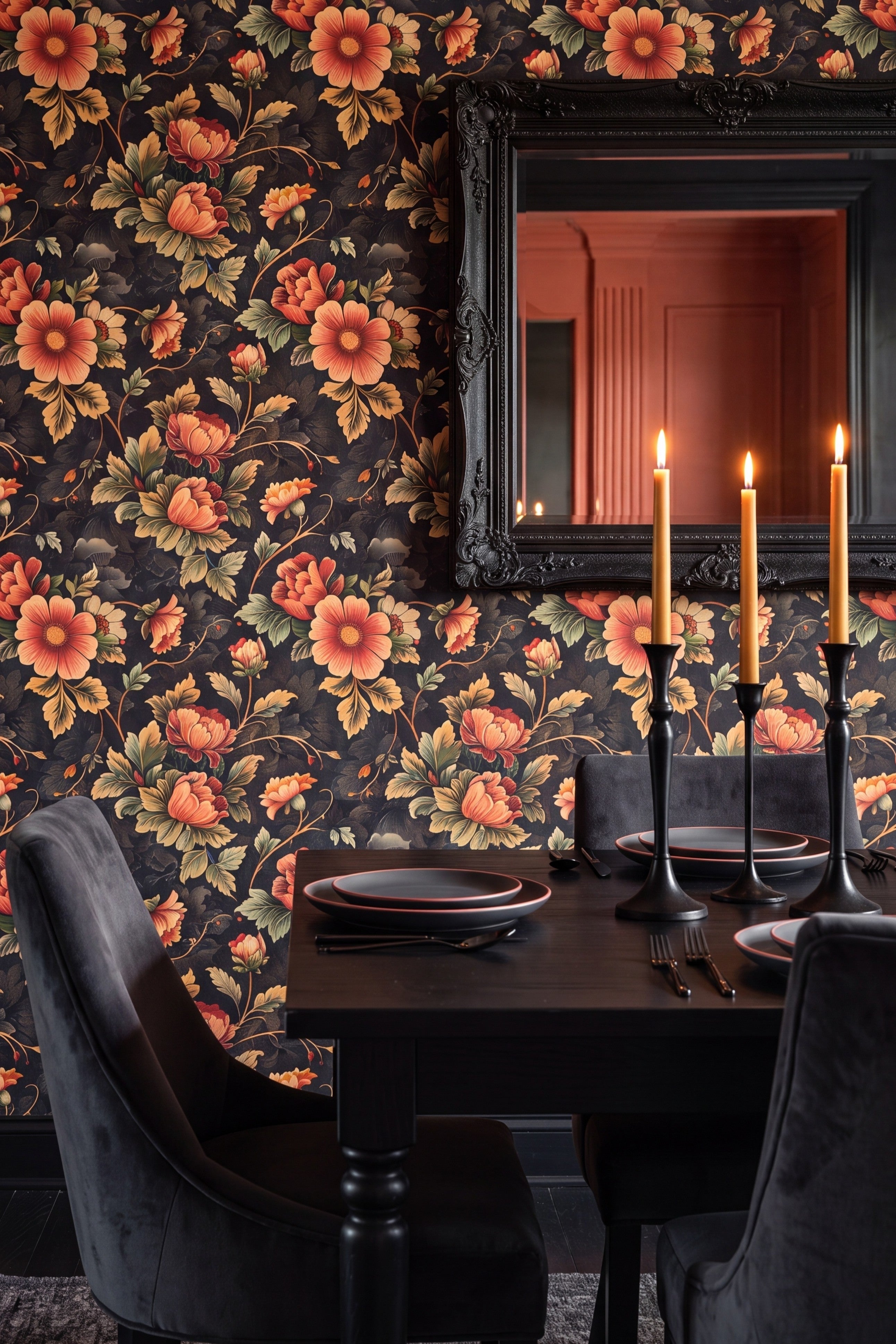 Farmstead wallpaper shown in a dining room