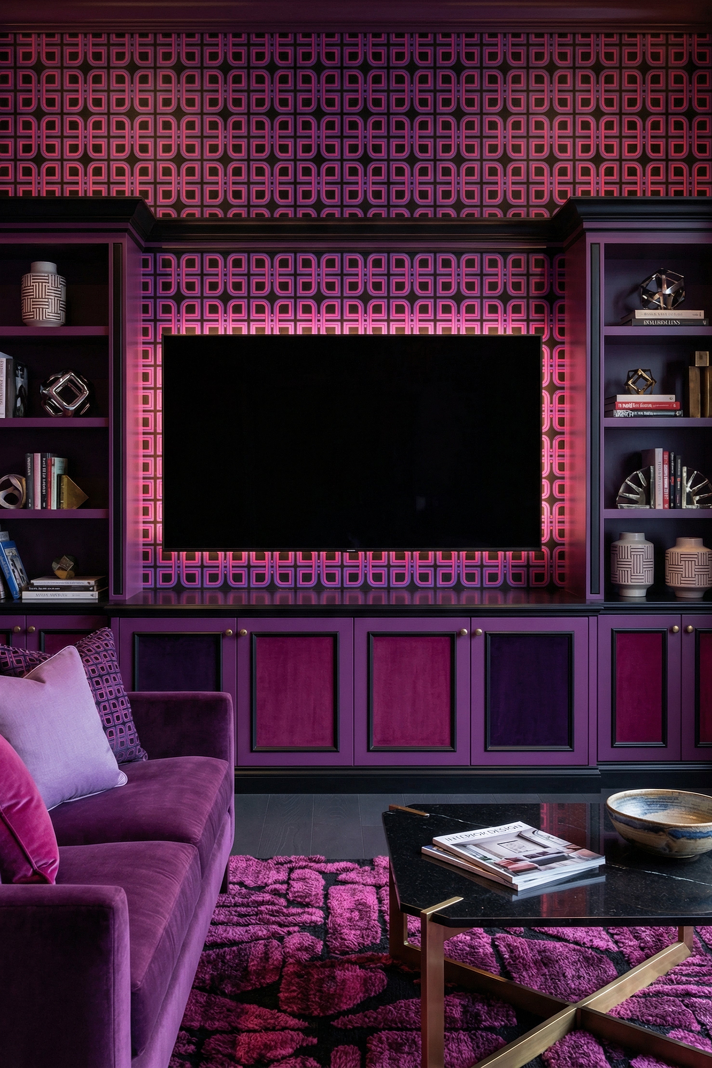 Midnight Grid wallpaper shown in a media room
