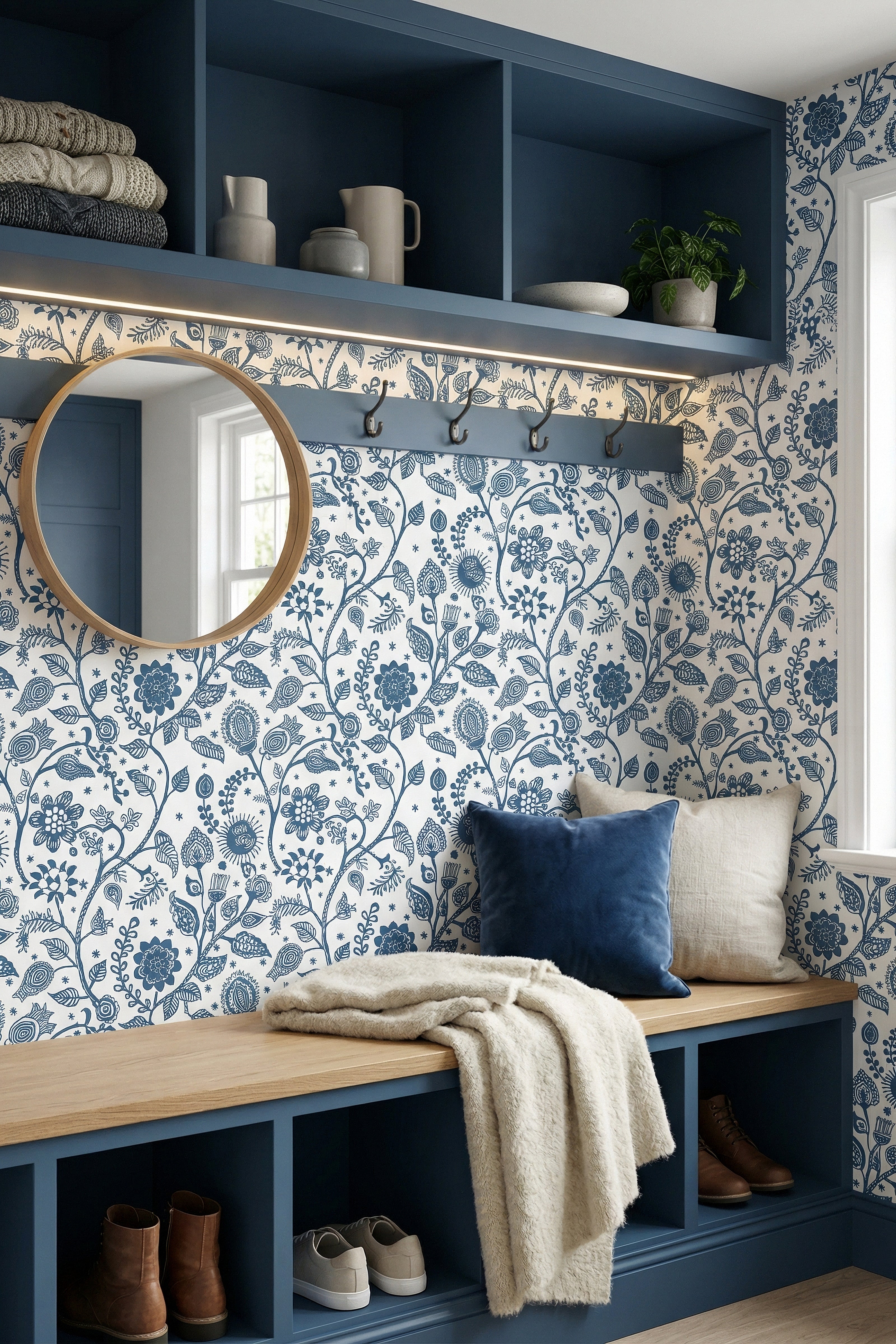 Blue Folk wallpaper shown in a mudroom