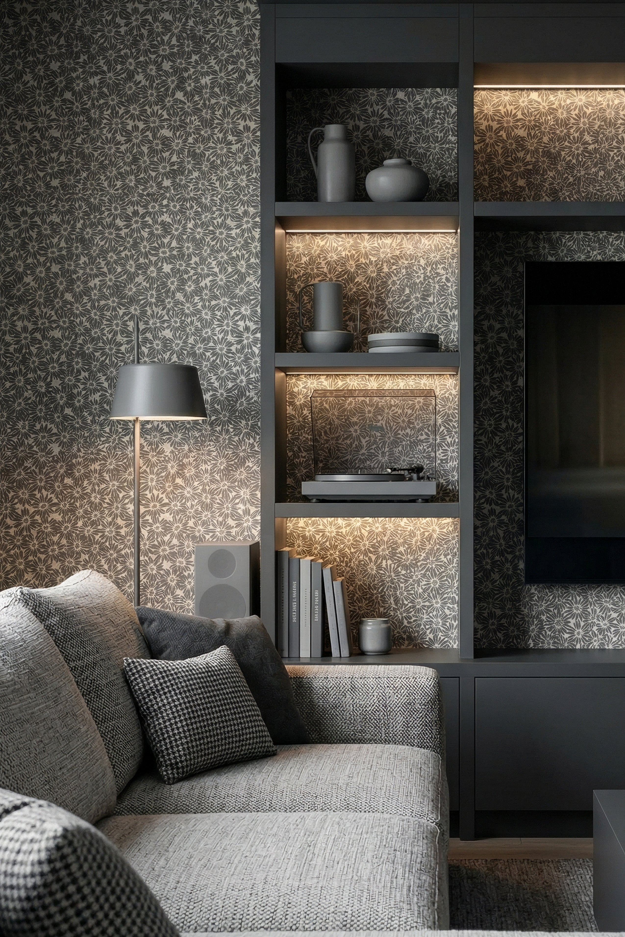 Dove Daisy wallpaper shown in a media room