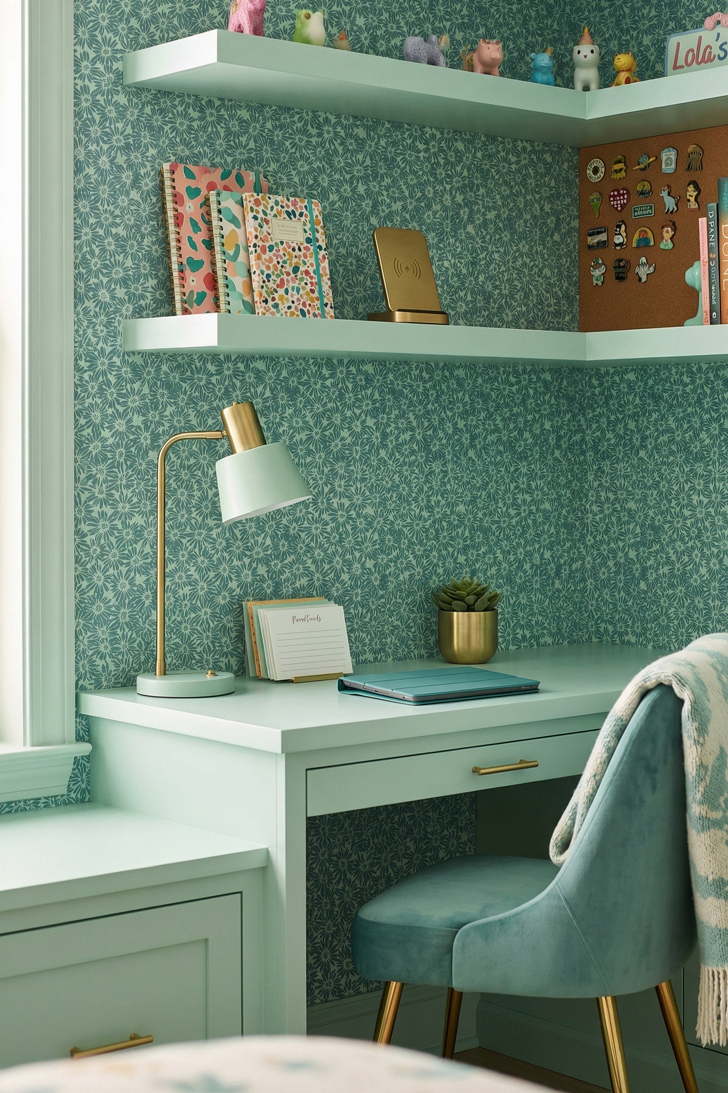 Whoopsie Daisy wallpaper shown in a home office