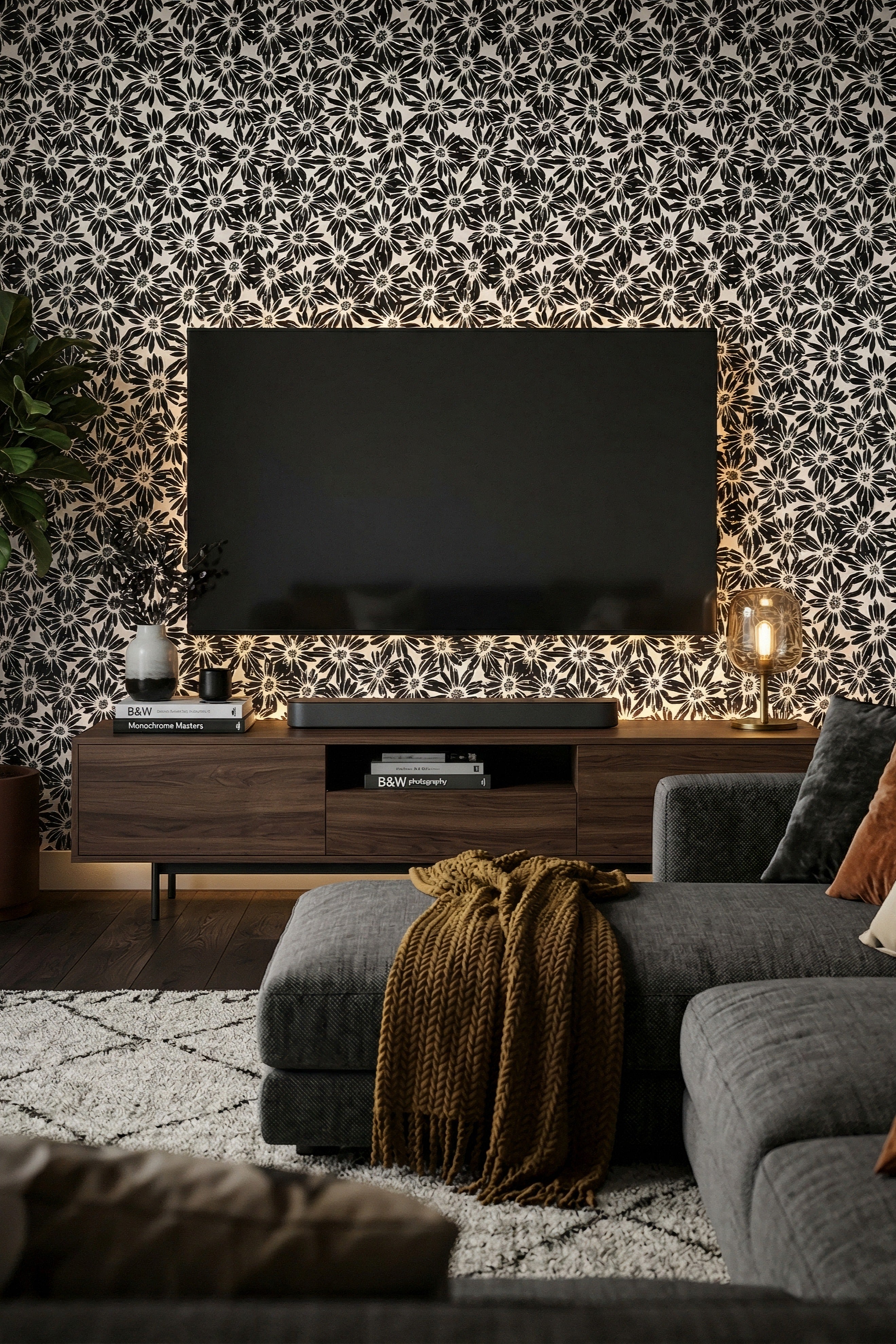 Daisy Noir wallpaper shown in a media room