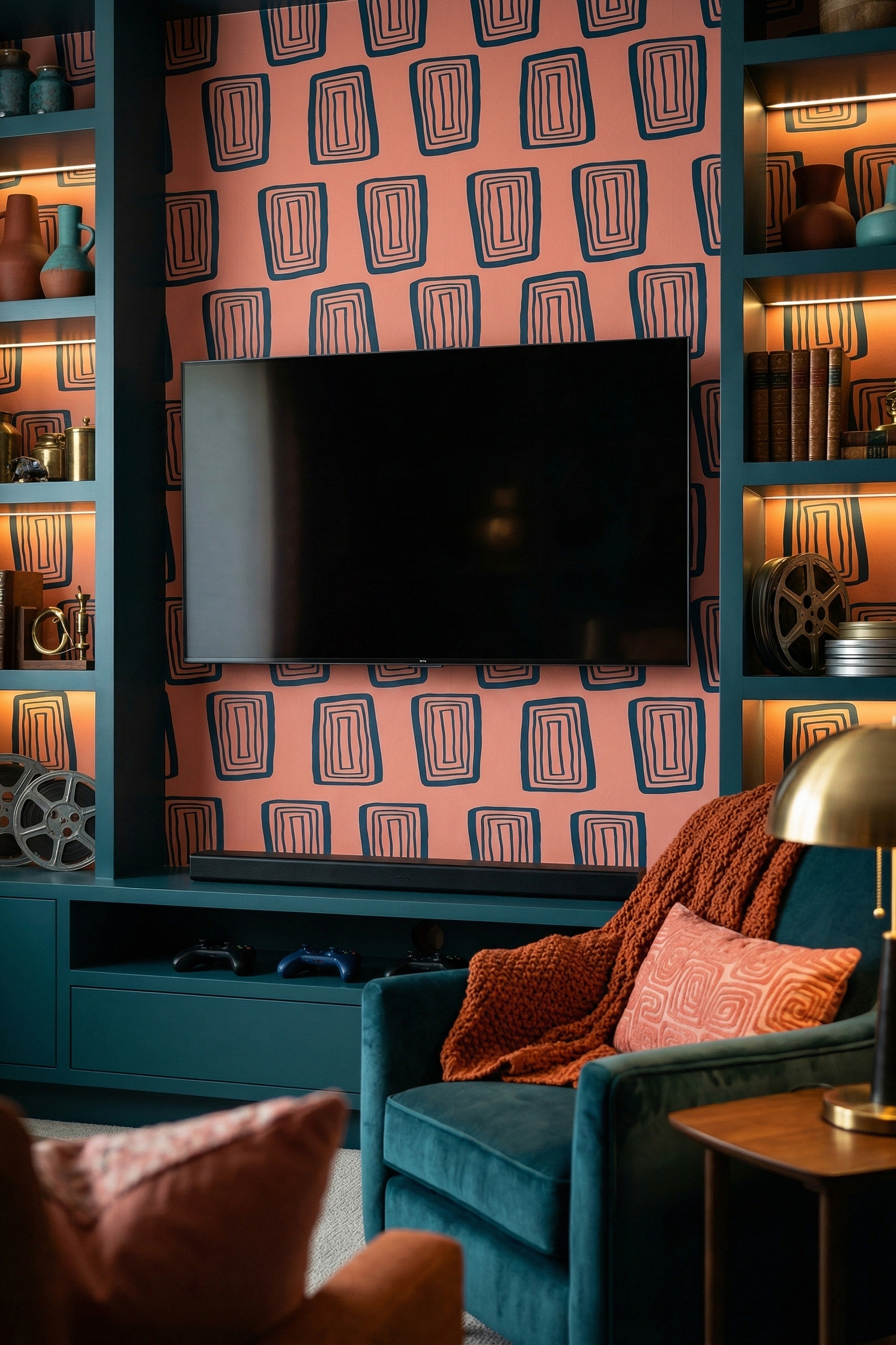 Coral Groove wallpaper shown in a media room