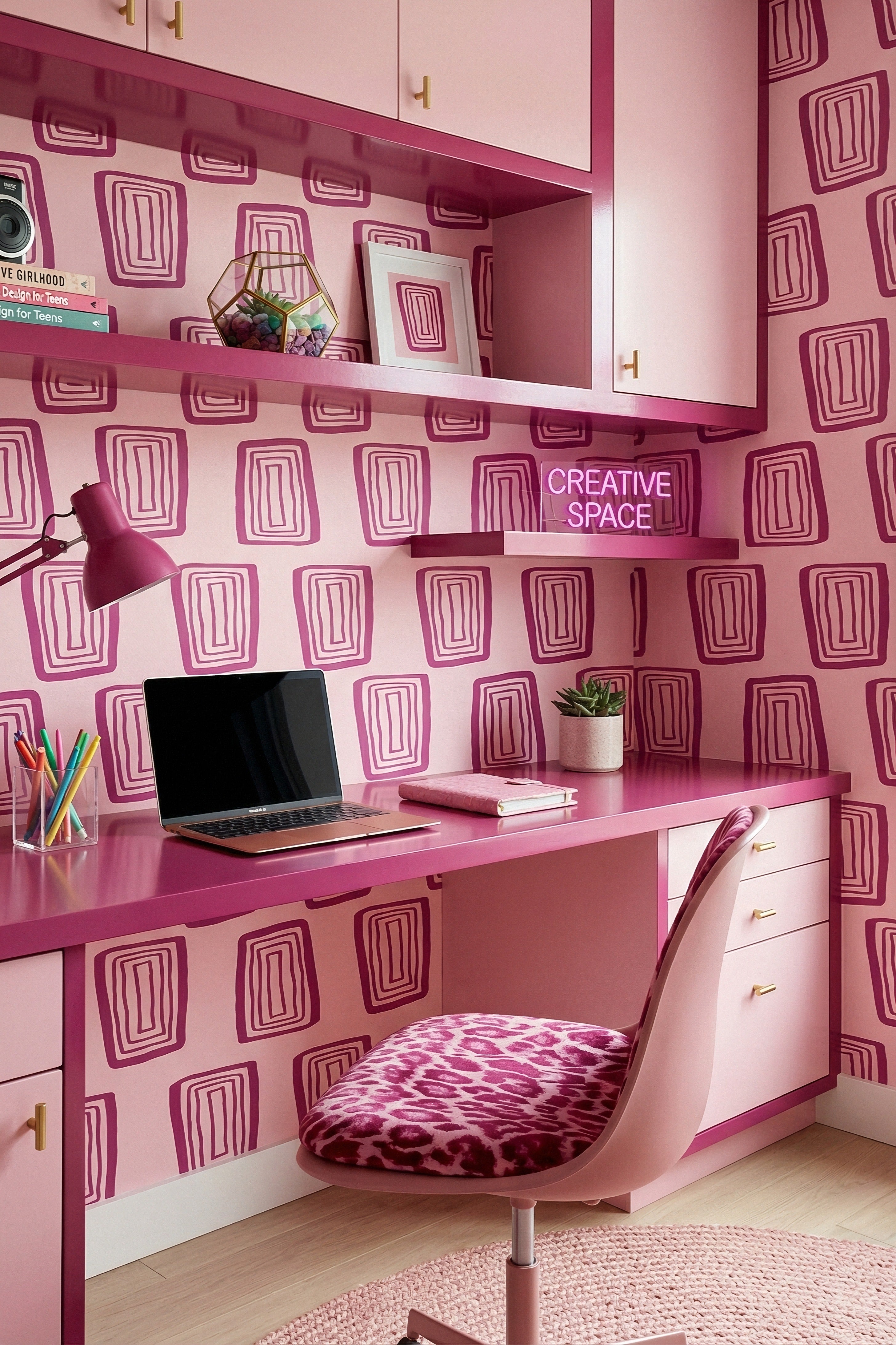 Groove Blush wallpaper shown in a home office