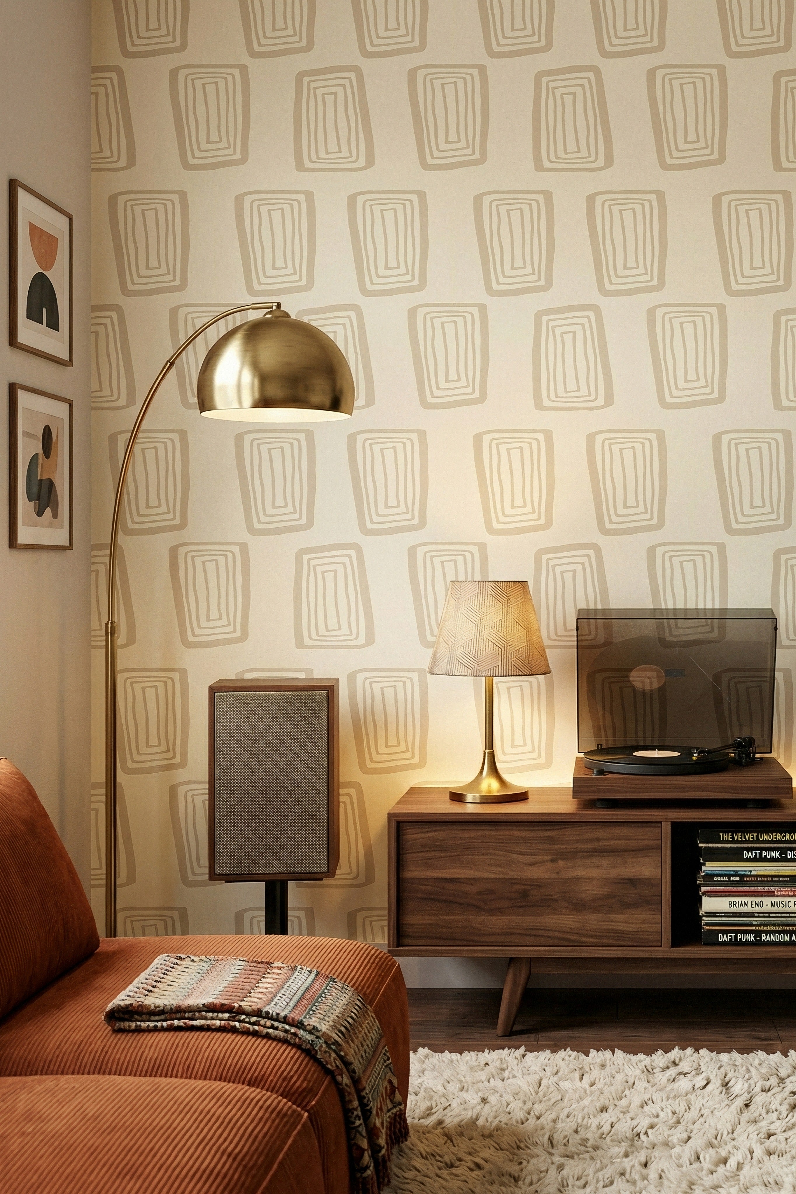Cream Groove wallpaper shown in a media room