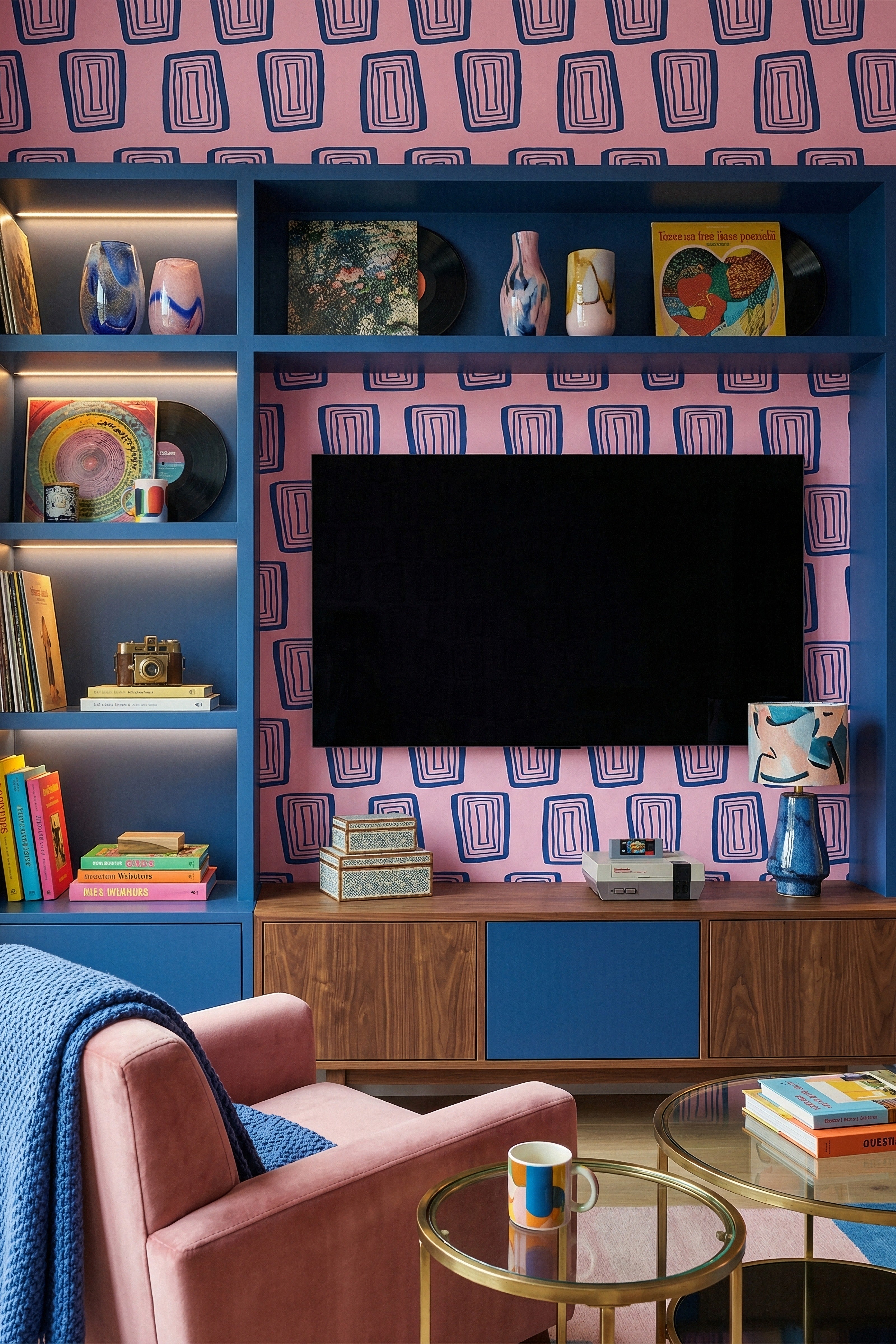 Mod Duet wallpaper shown in a media room