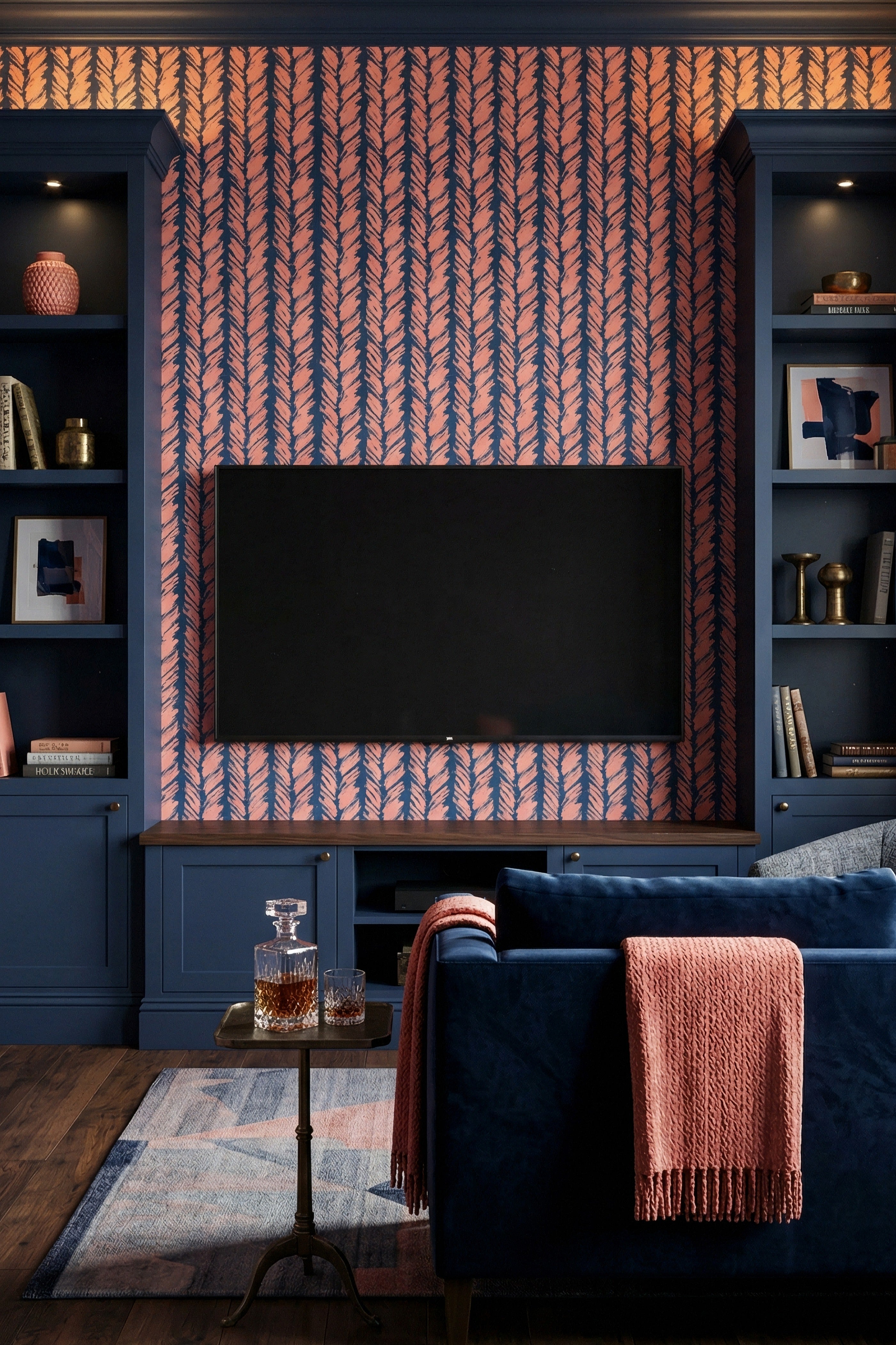 Harbor Brush wallpaper shown in a media room