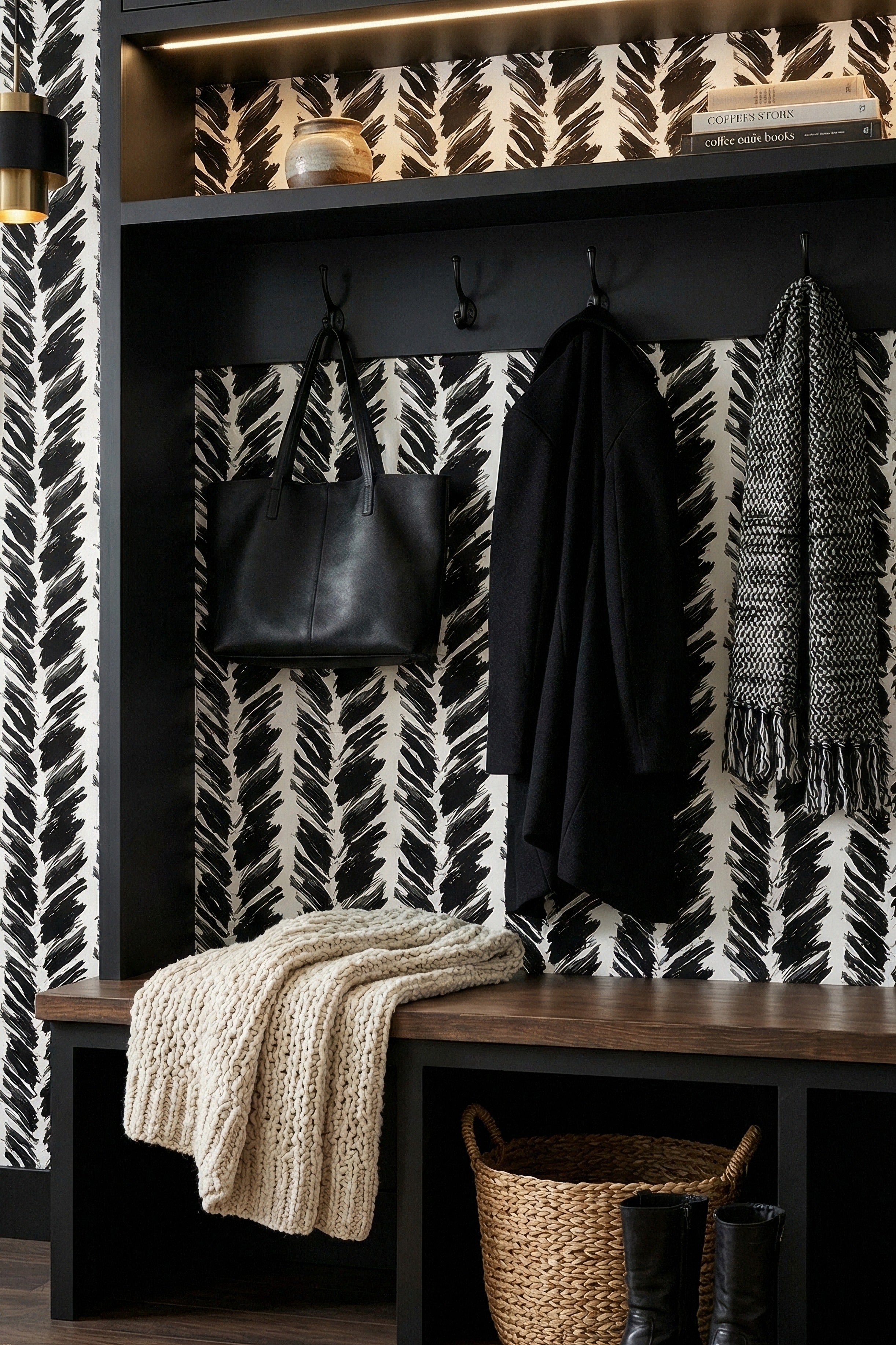 Tuxedo wallpaper shown in a mudroom