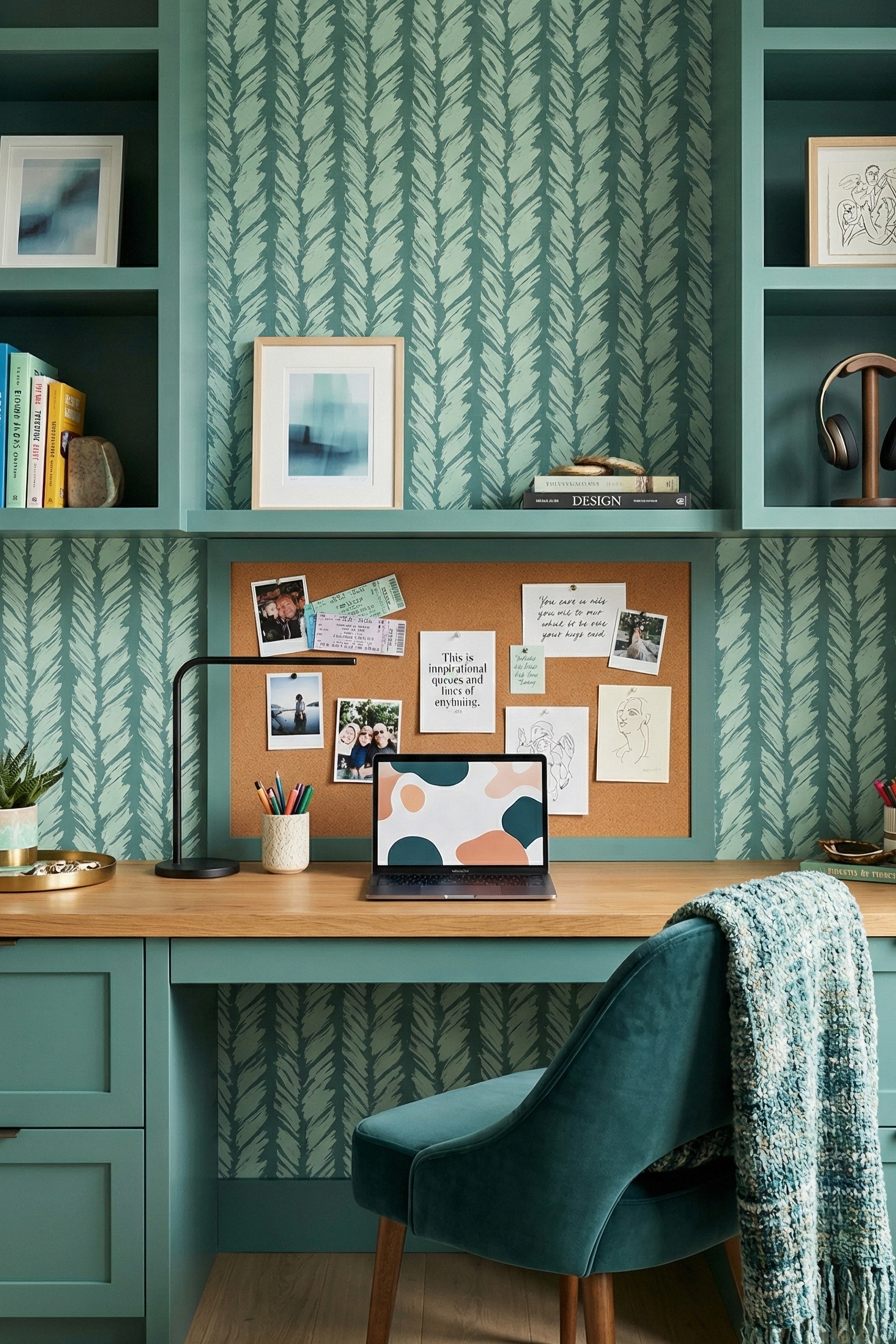 Mint Brush wallpaper shown in a home office