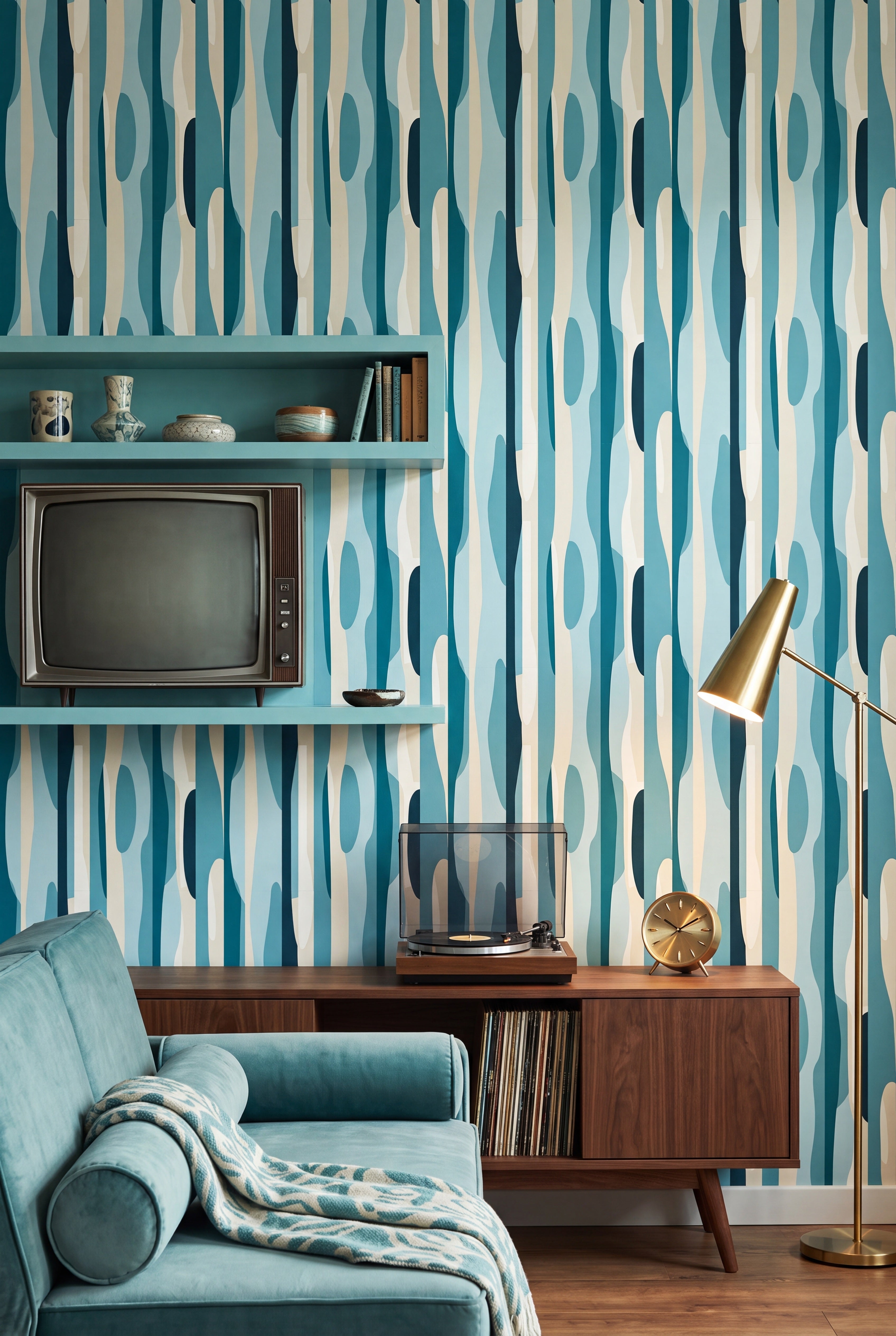 Retro Tide wallpaper shown in a media room