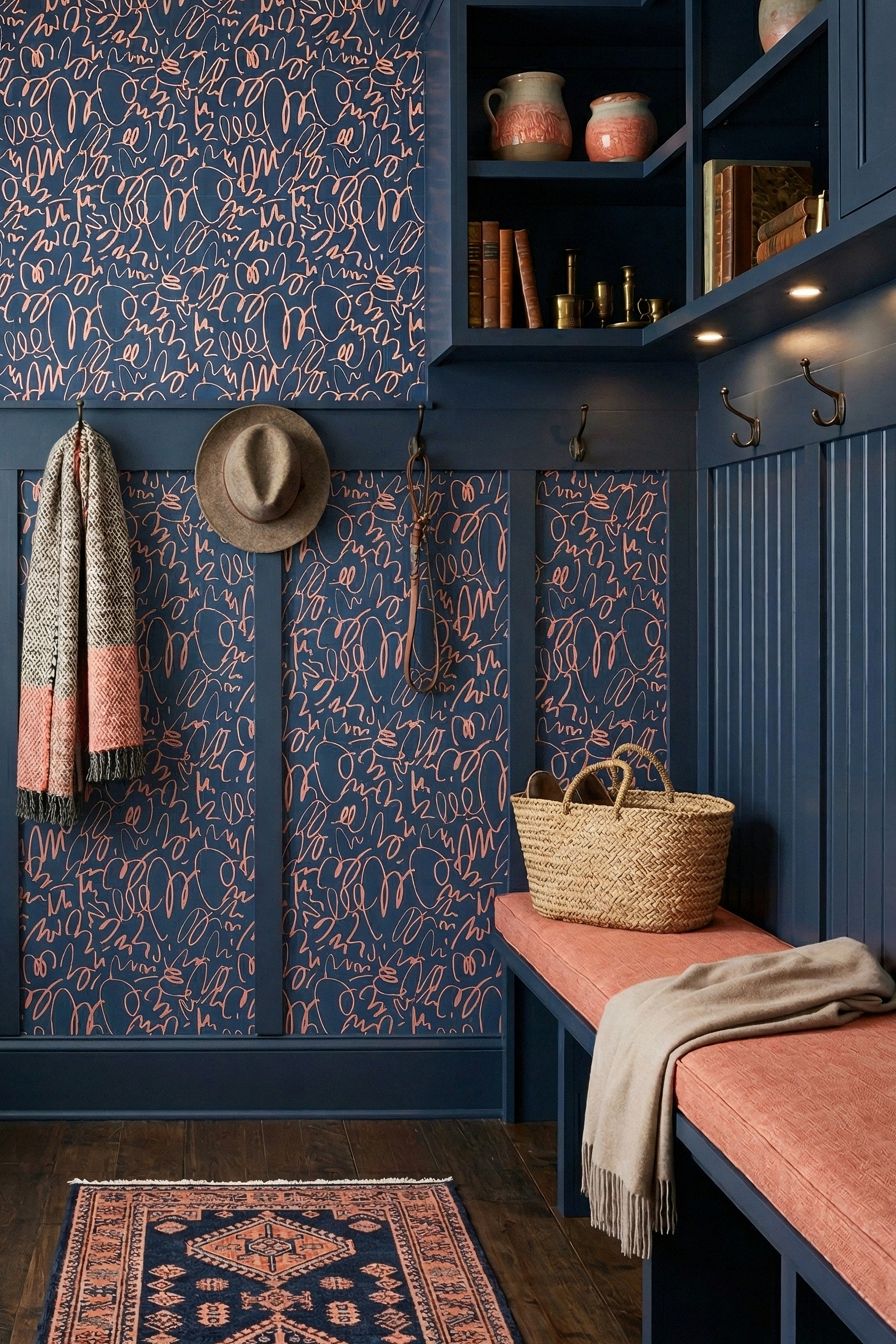 Coral Scribble wallpaper shown in a mudroom