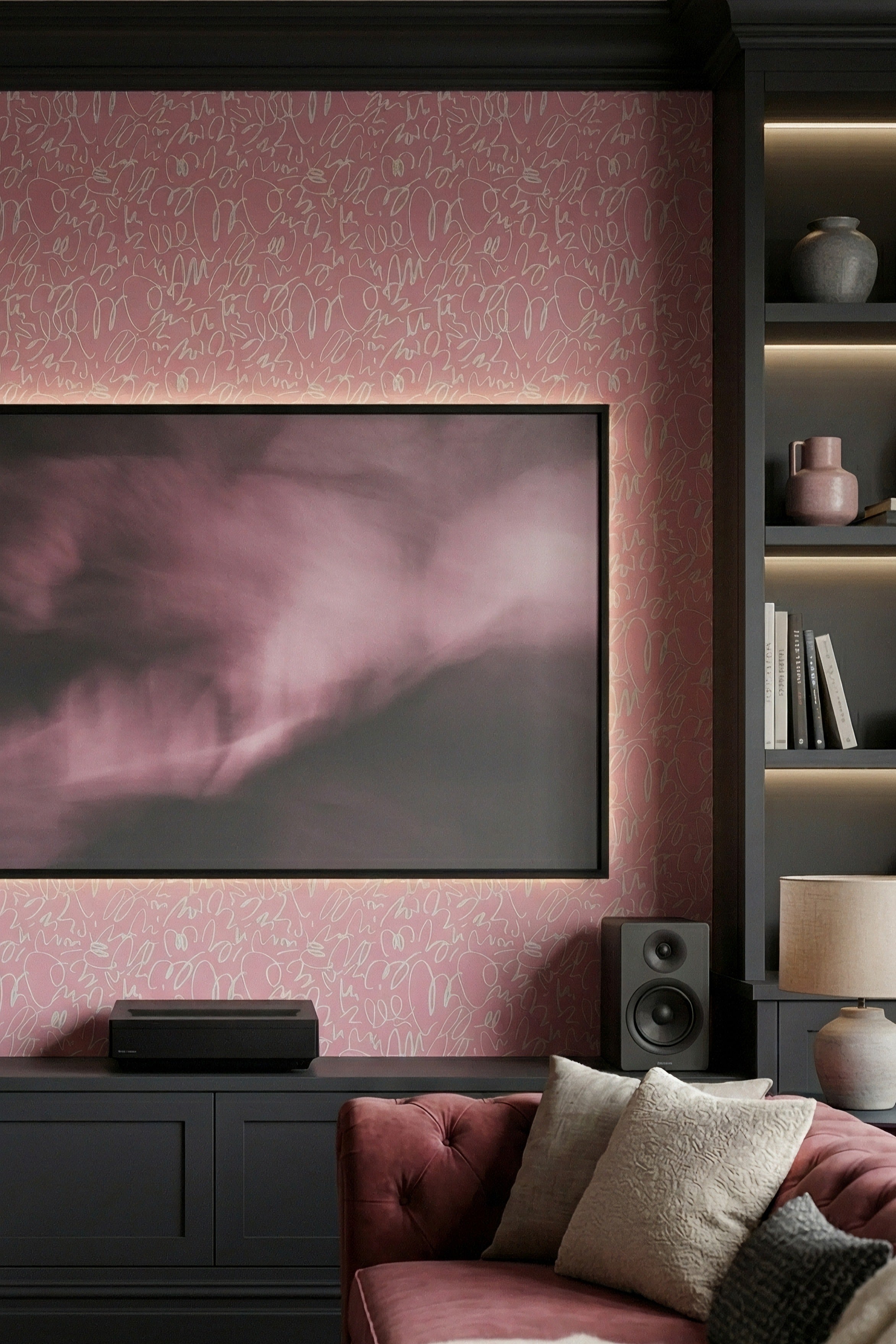 Pink Doodle wallpaper shown in a media room