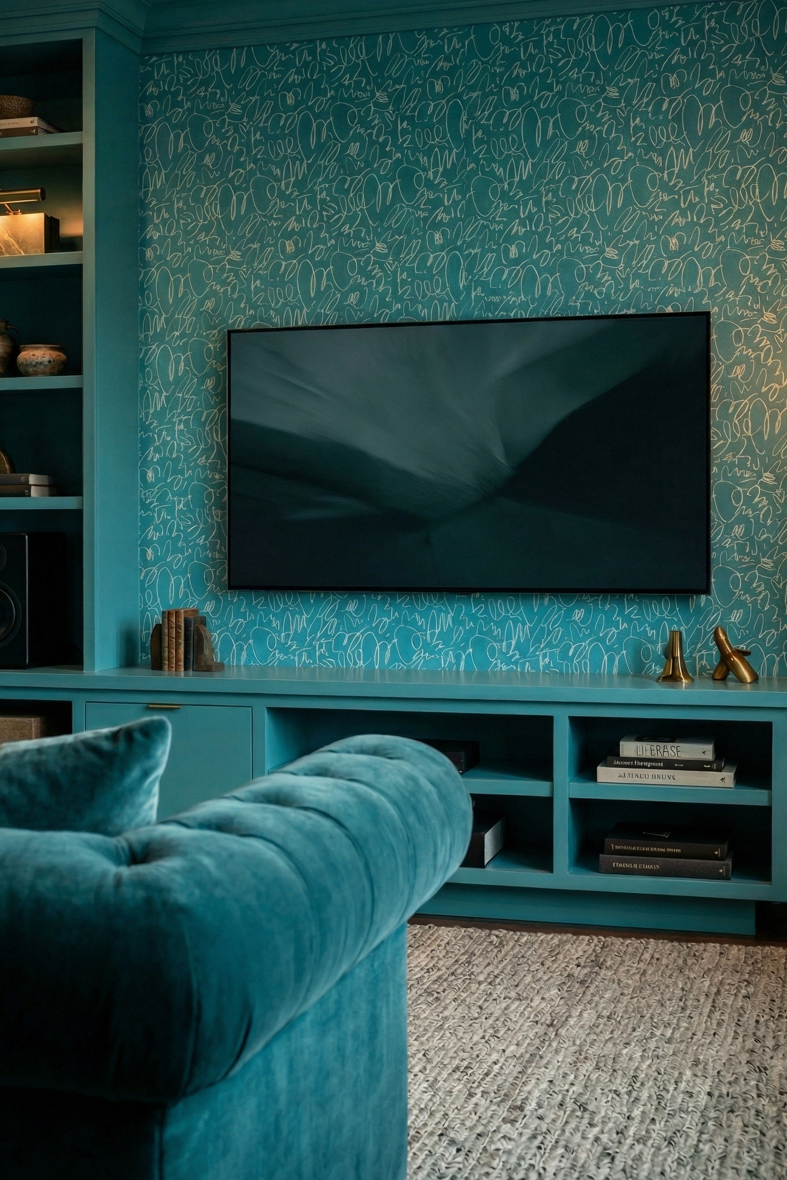 Teal Doodle wallpaper shown in a media room