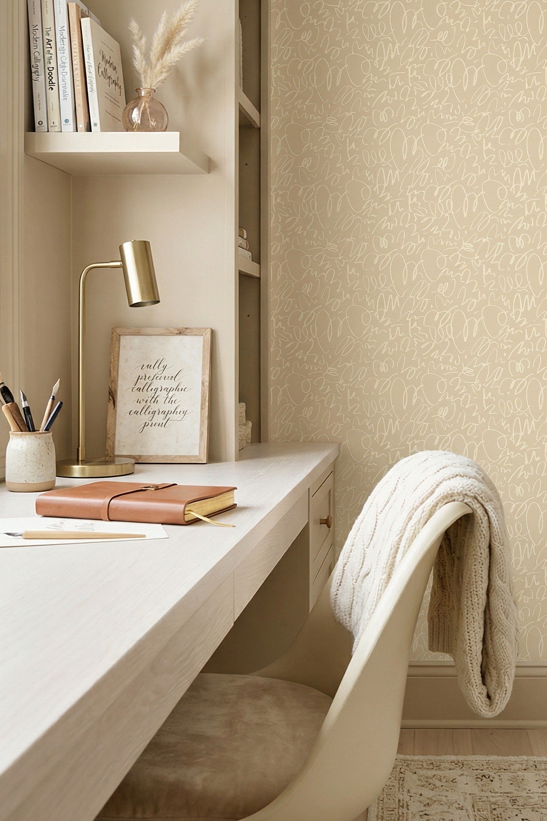 Cream Doodle wallpaper shown in a home office