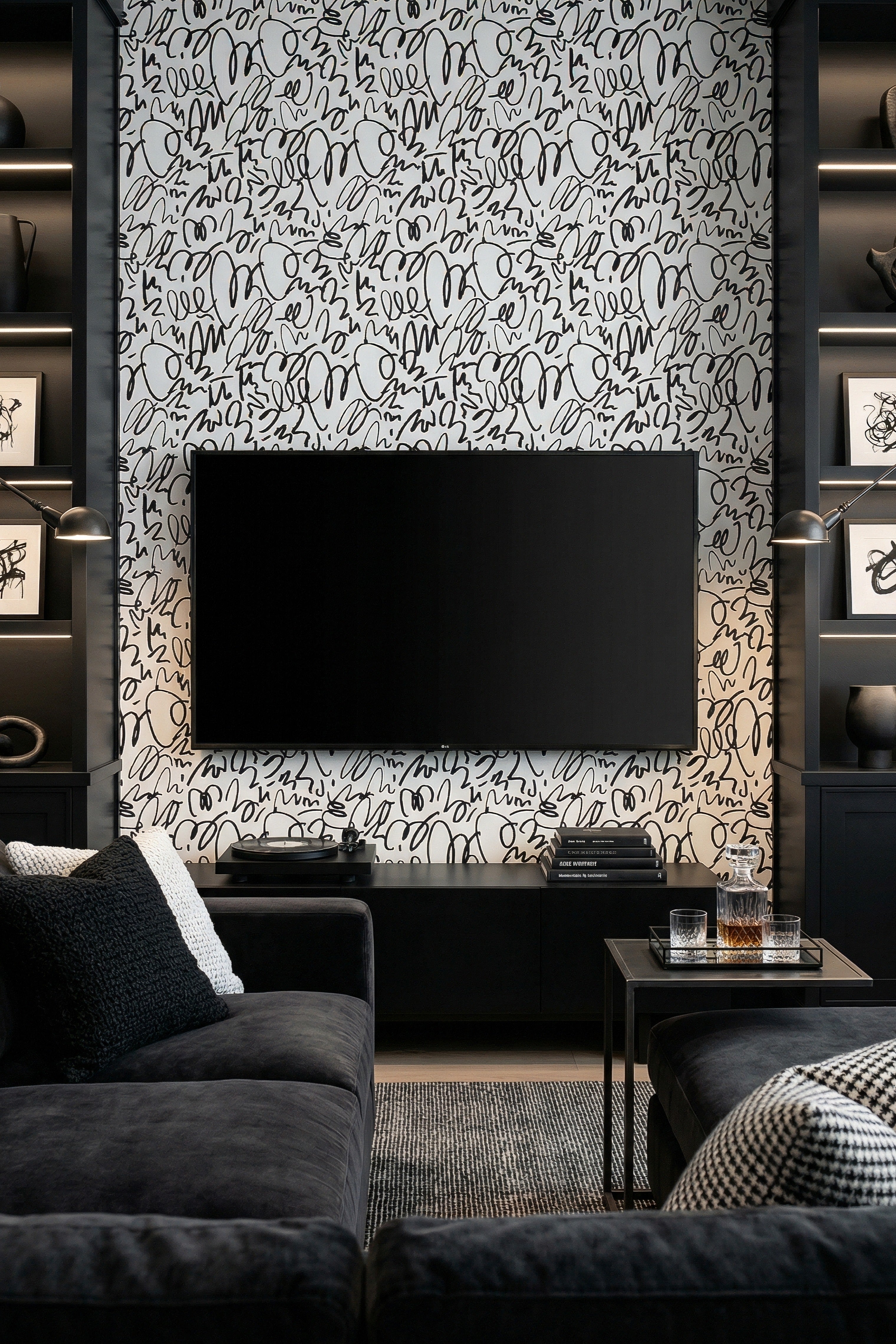 Ink Doodle wallpaper shown in a media room