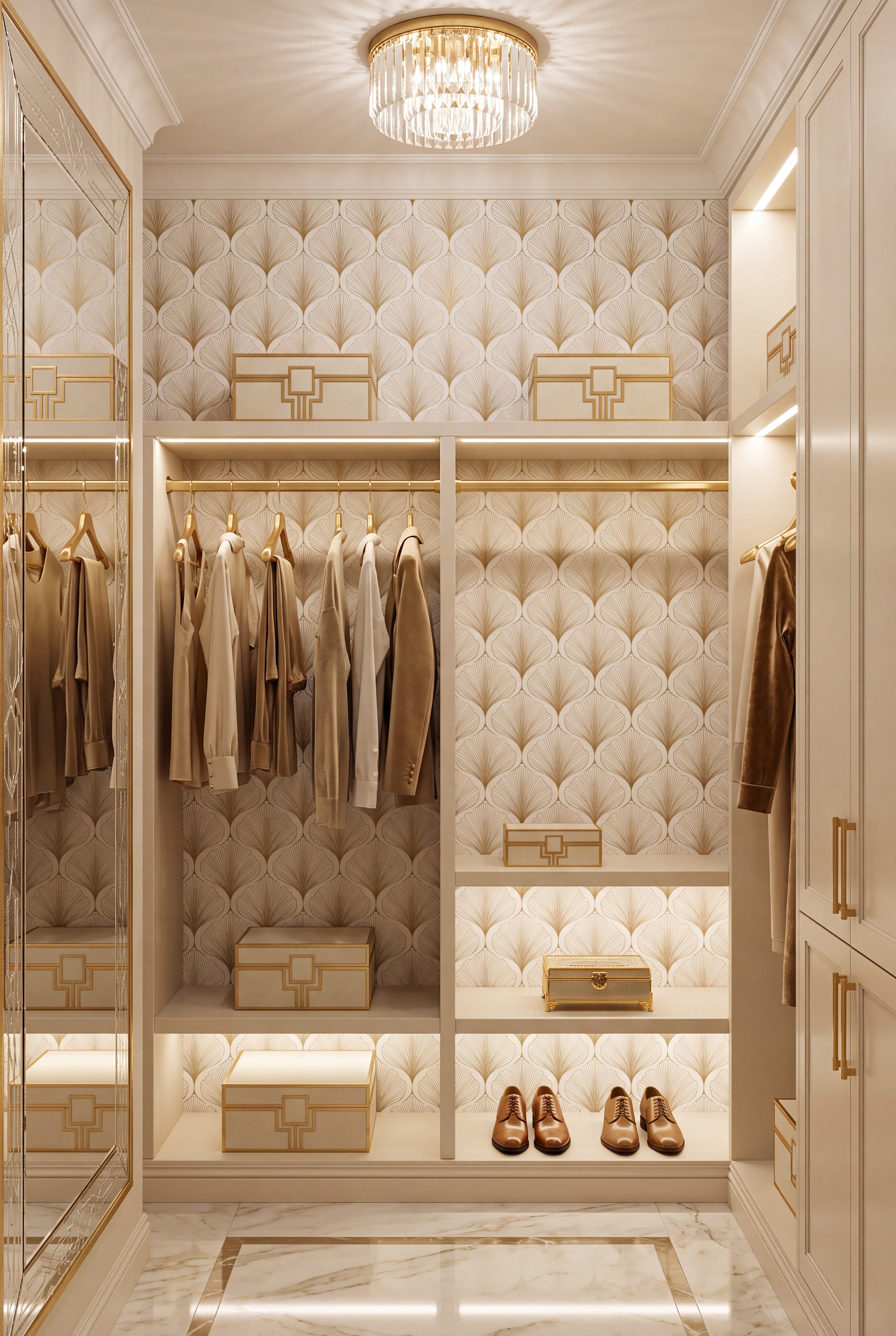 Gold Fanfare wallpaper shown in a closet