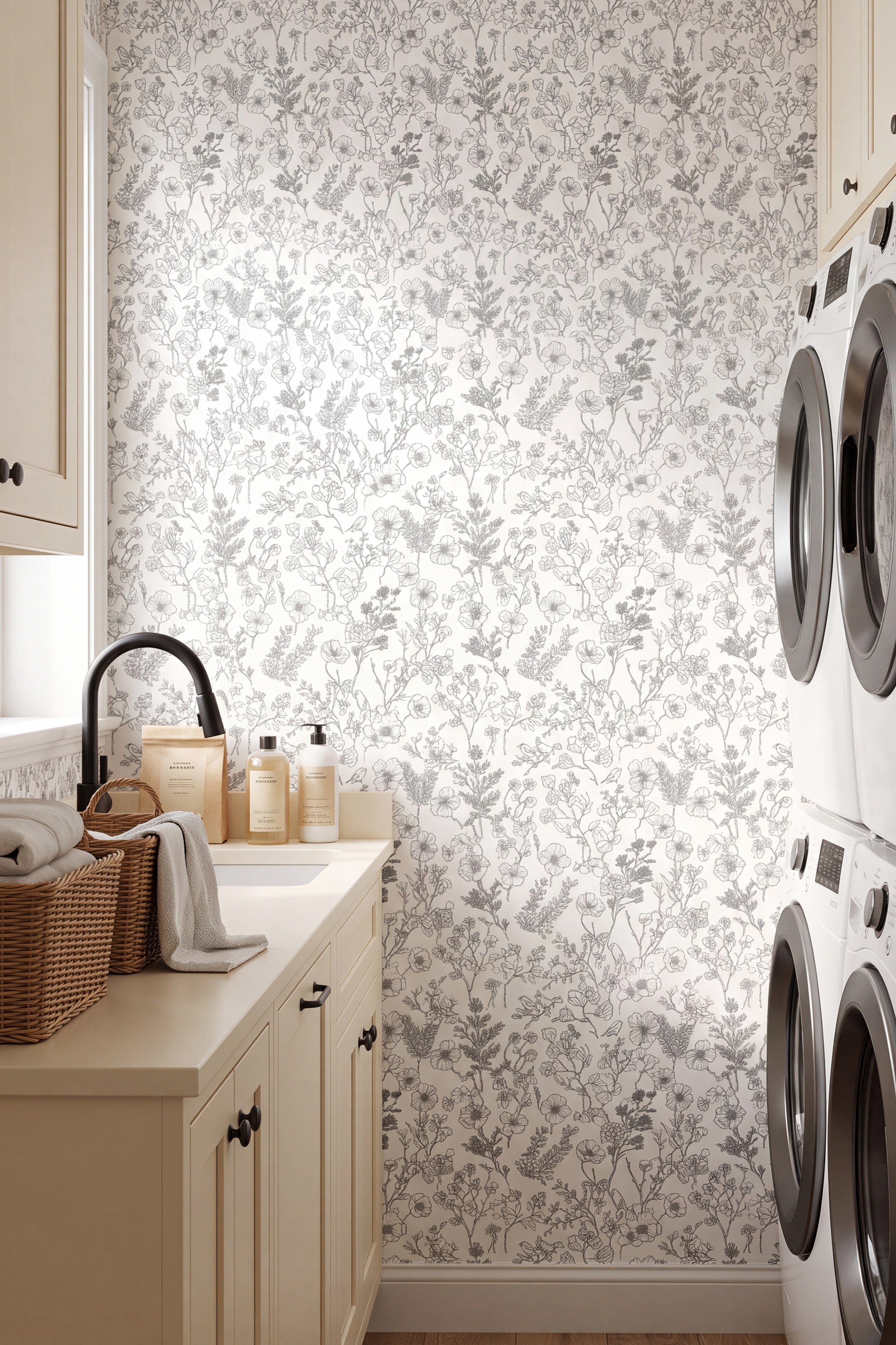 Hidden Aviary wallpaper shown in a laundry room