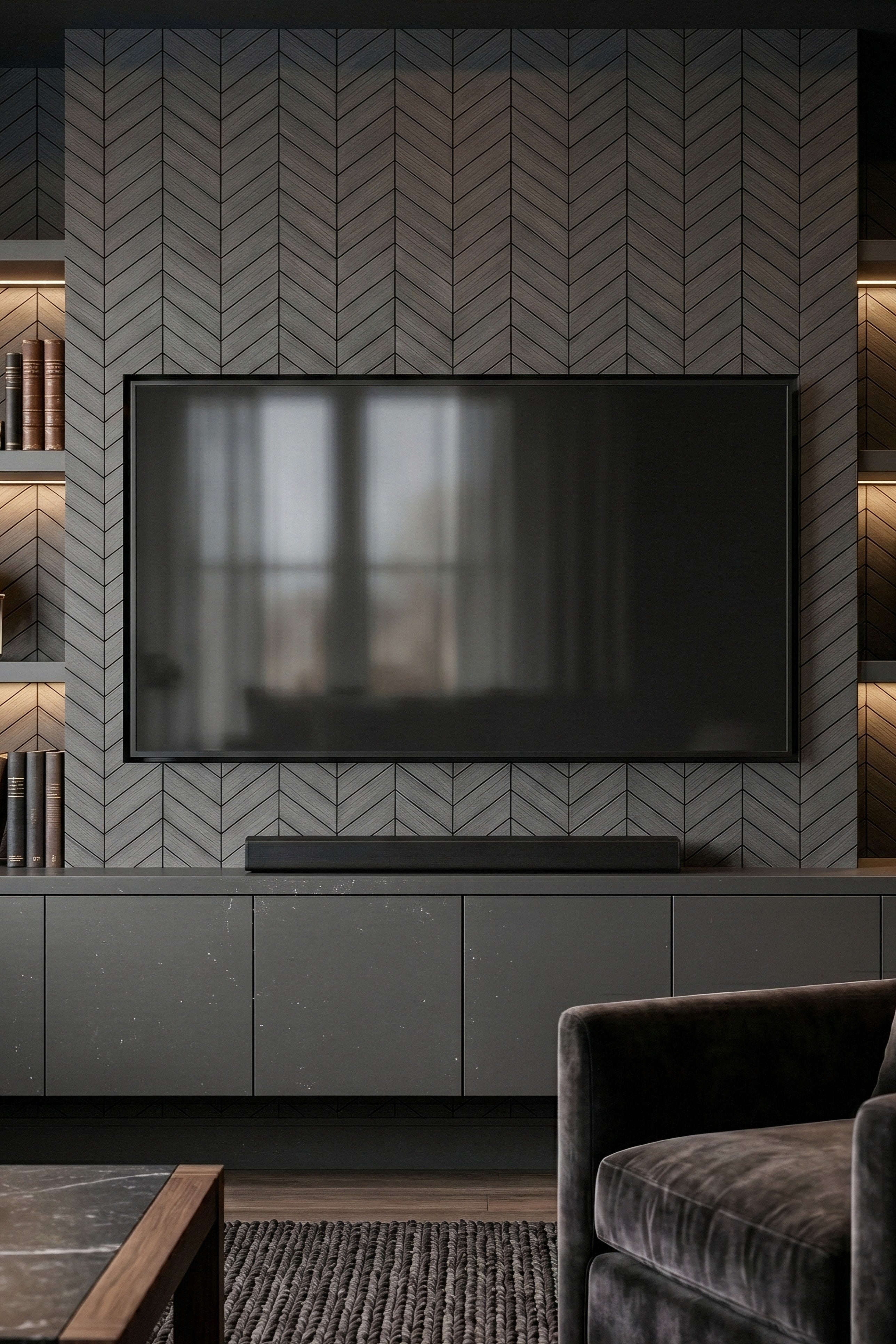 Herringbone Noir wallpaper shown in a media room