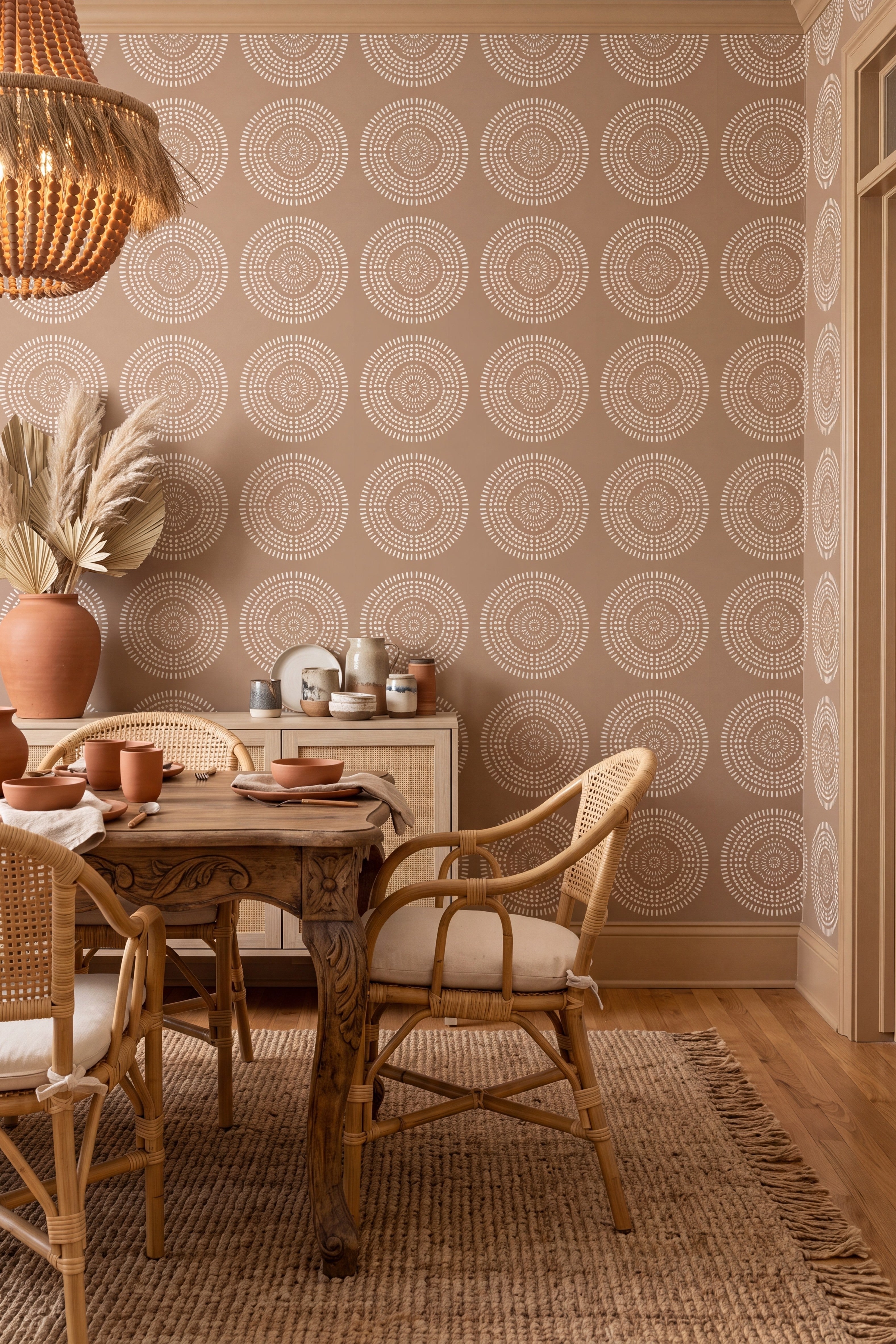 Mocha Mandala wallpaper shown in a dining room