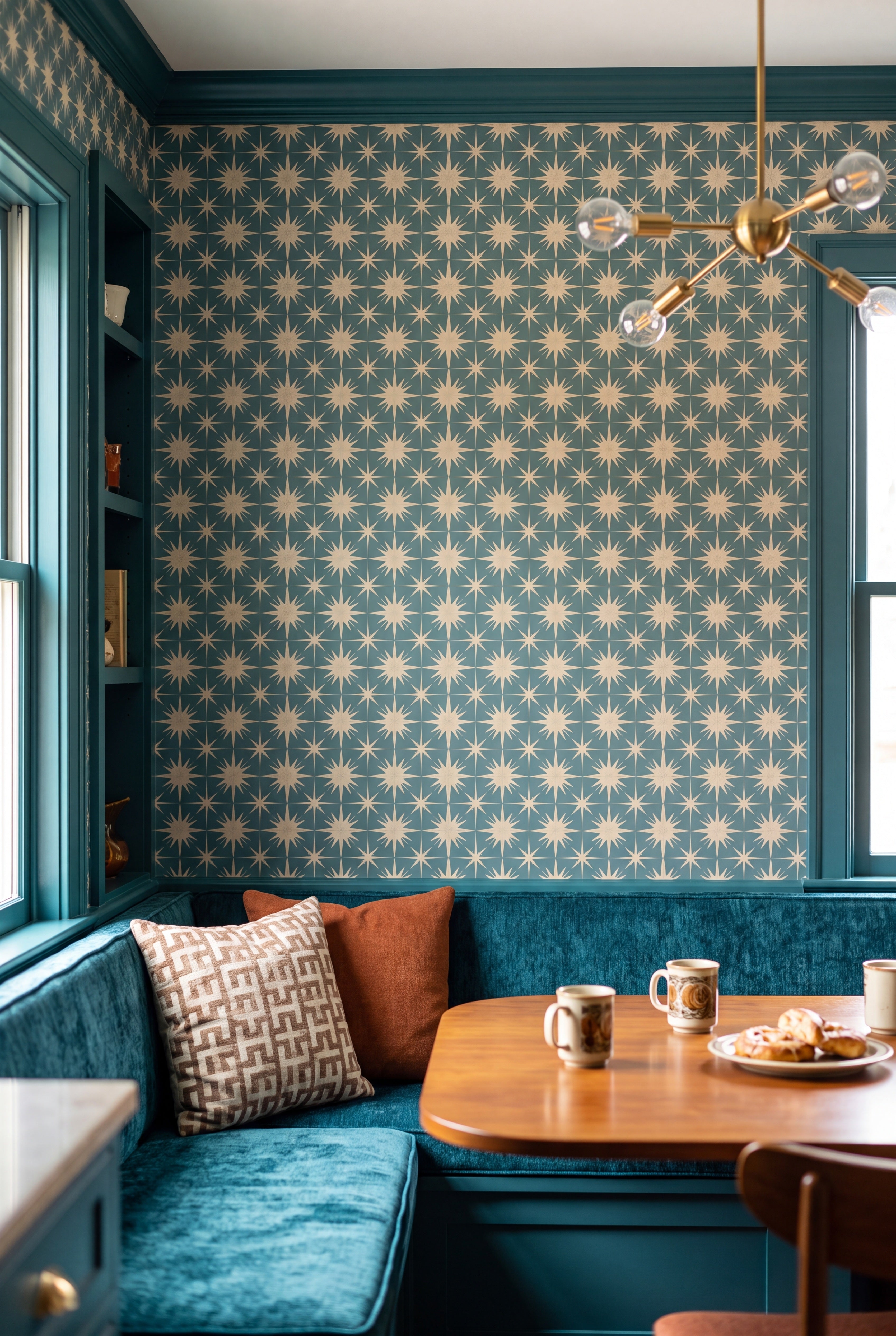 Starburst Teal wallpaper shown in a cozy nook