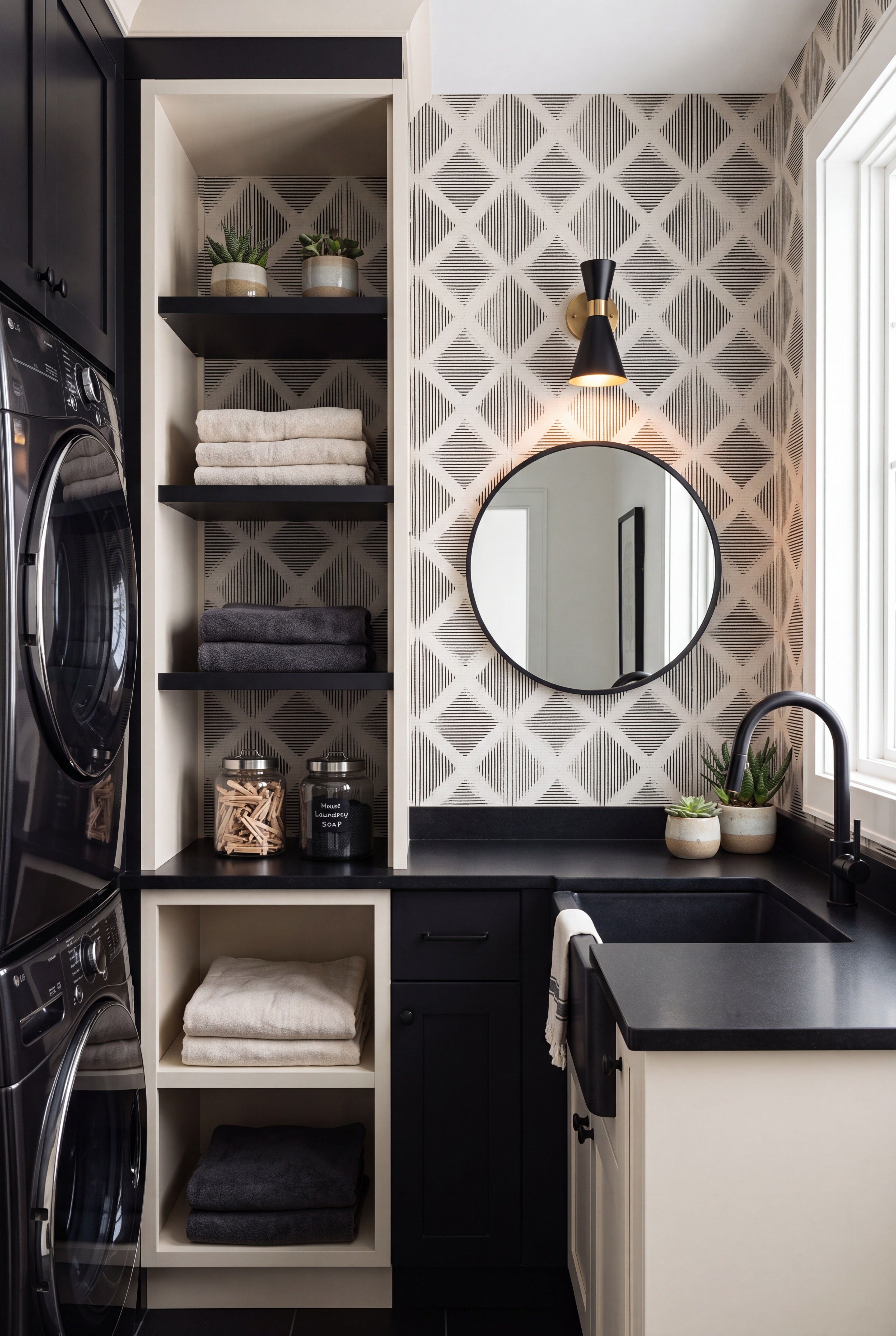 Frontier wallpaper shown in a laundry room